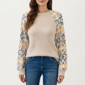 Anna-Kaci Women's Textured Knit Pullover Sweater with Geometric Pattern Long Sleeves and Ribbed Cuffs