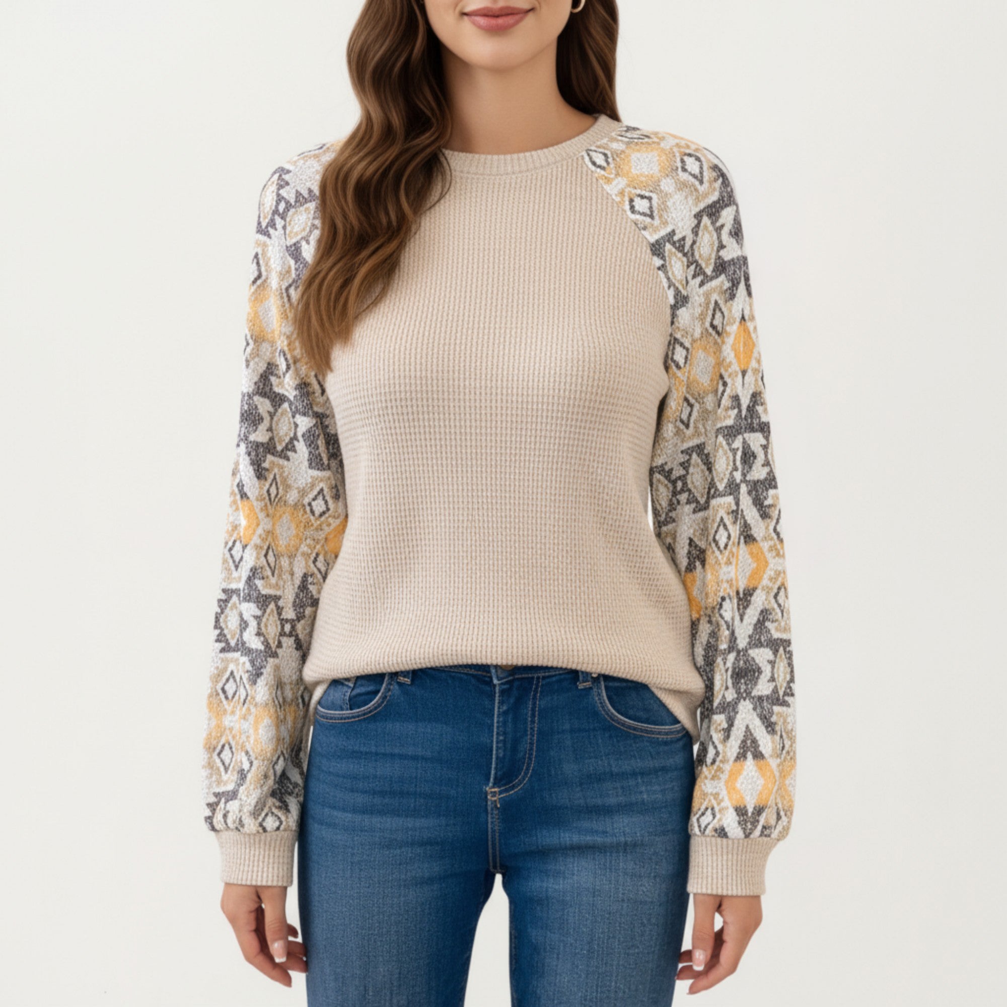 Anna-Kaci Women's Textured Knit Pullover Sweater with Geometric Pattern Long Sleeves and Ribbed Cuffs