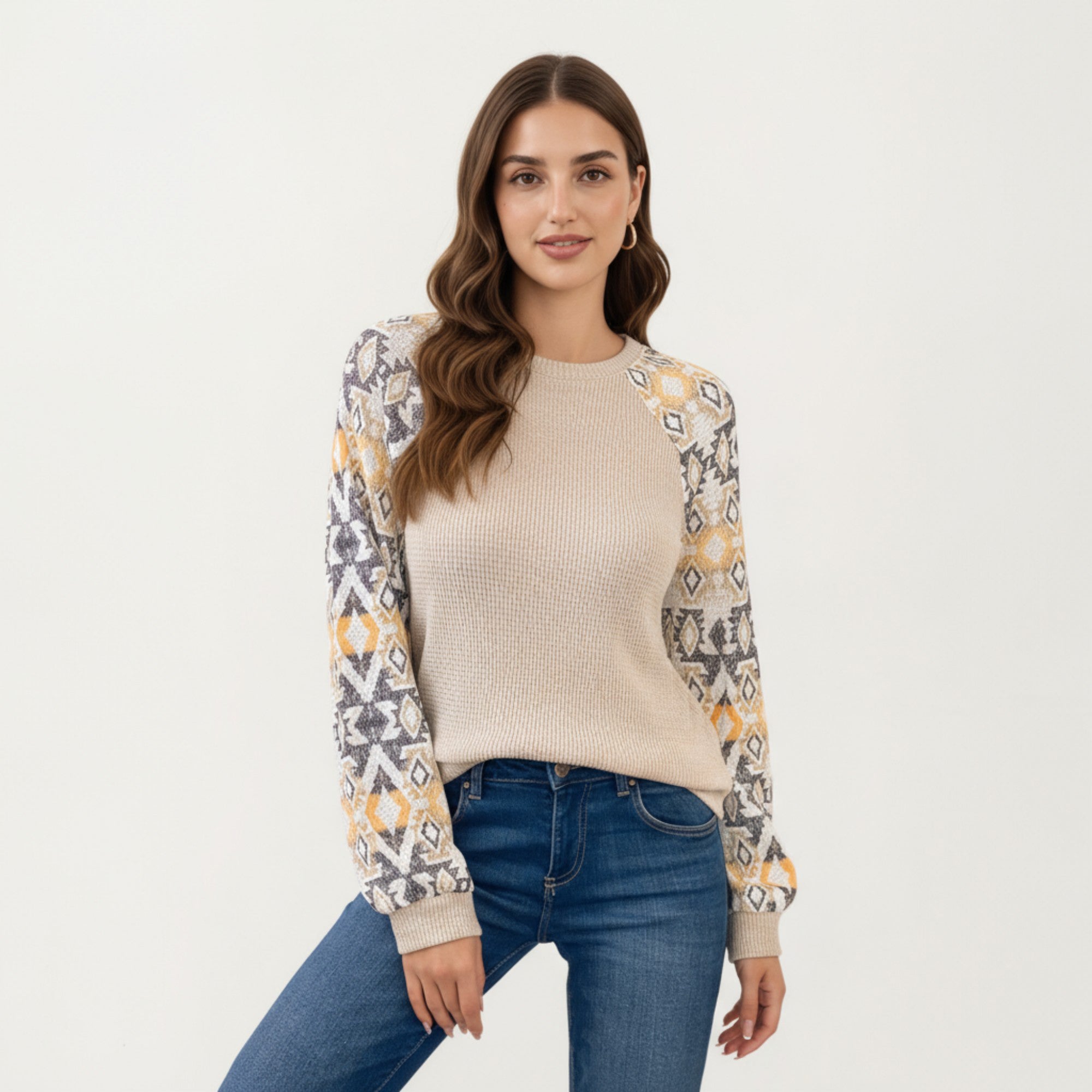 Anna-Kaci Women's Textured Knit Pullover Sweater with Geometric Pattern Long Sleeves and Ribbed Cuffs