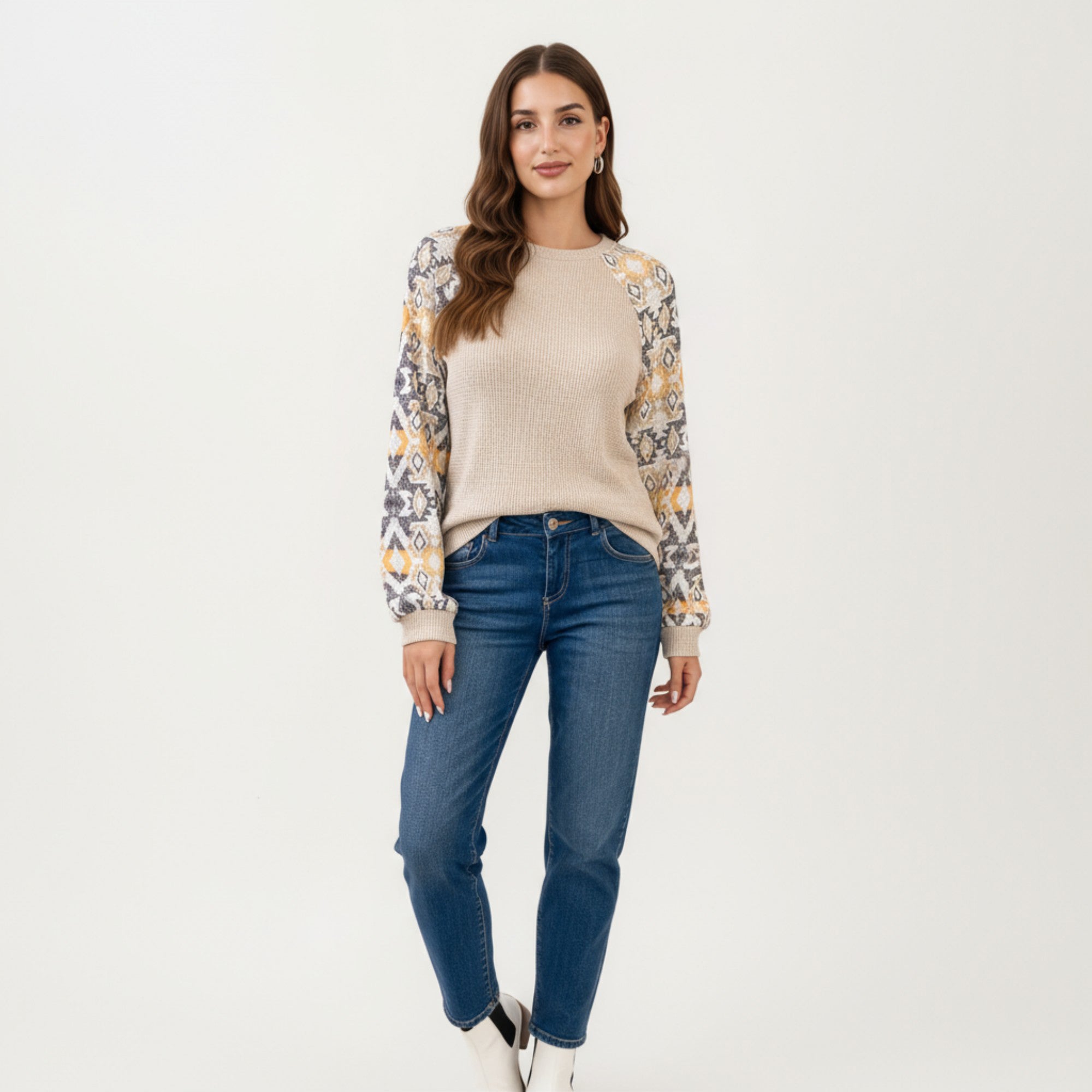 Anna-Kaci Women's Textured Knit Pullover Sweater with Geometric Pattern Long Sleeves and Ribbed Cuffs