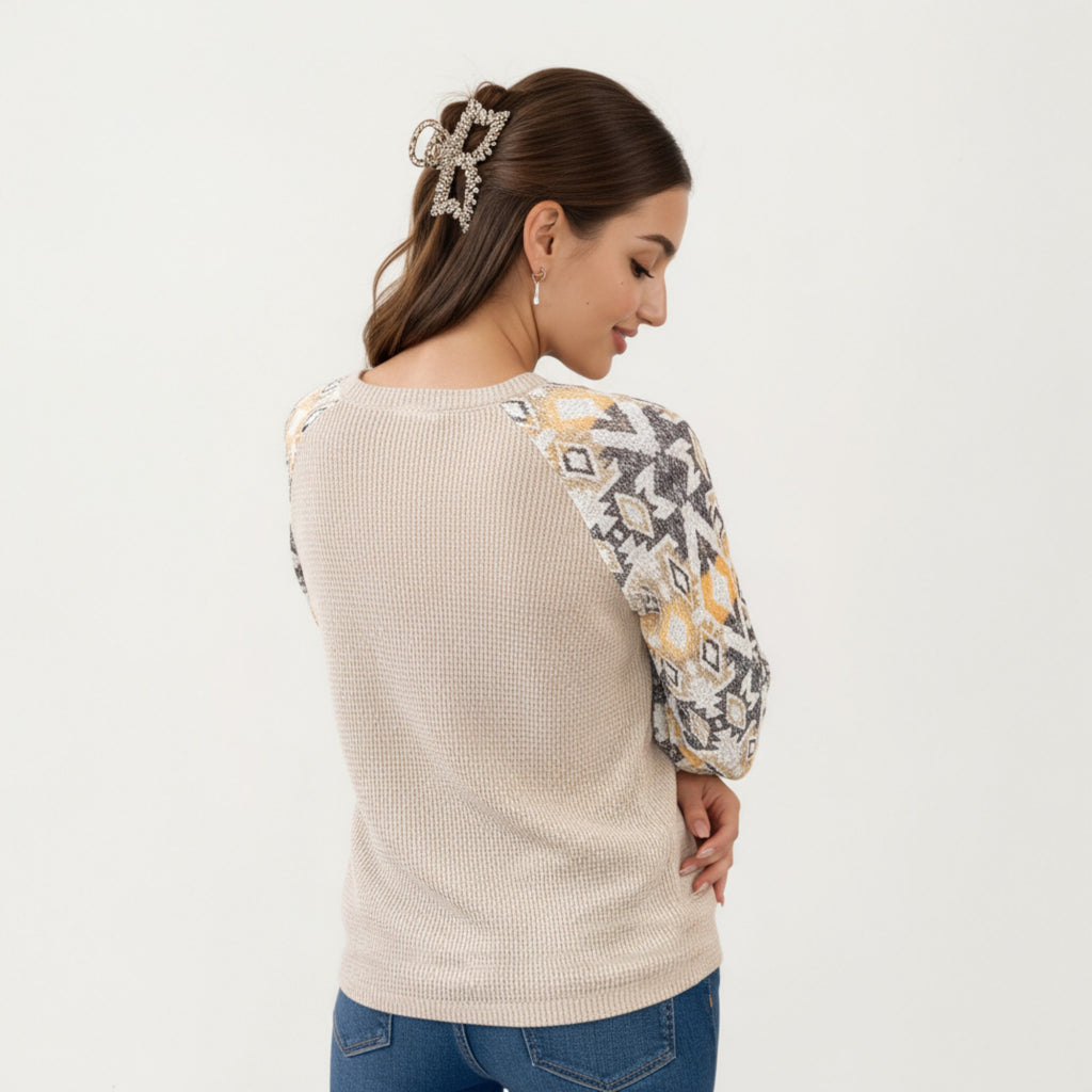 Anna-Kaci Women's Textured Knit Pullover Sweater with Geometric Pattern Long Sleeves and Ribbed Cuffs