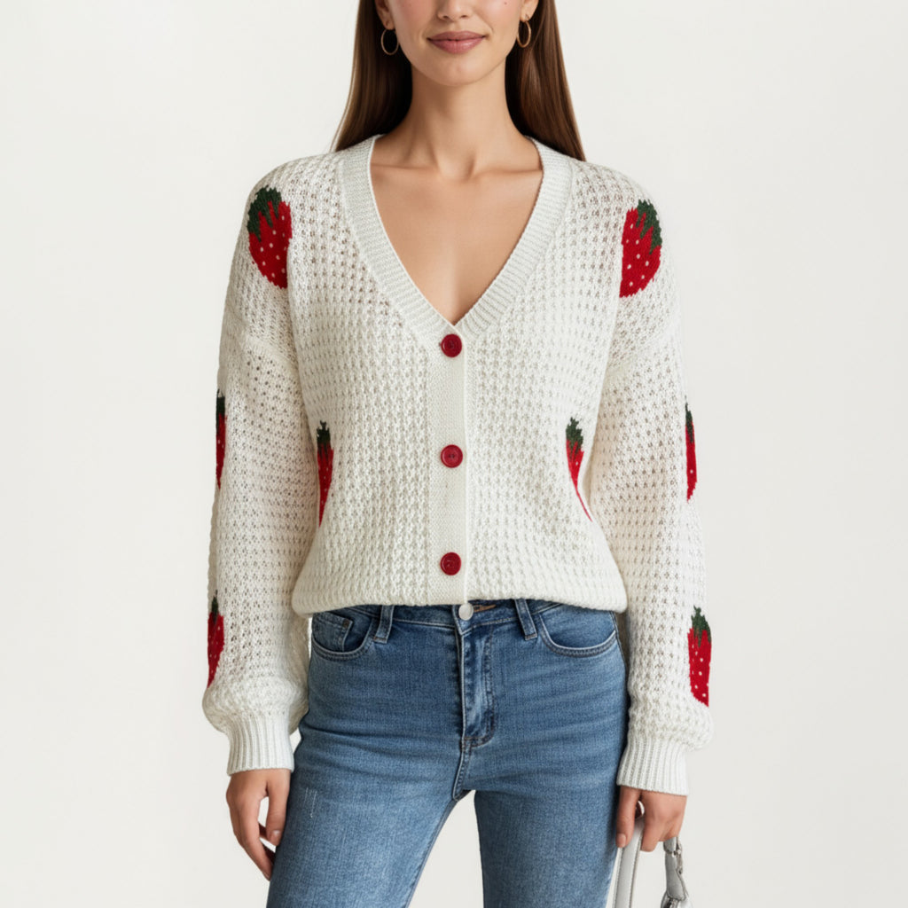 Anna-Kaci Women's Strawberry Pattern Knit Cardigan with V-Neckline and Button Front Closure