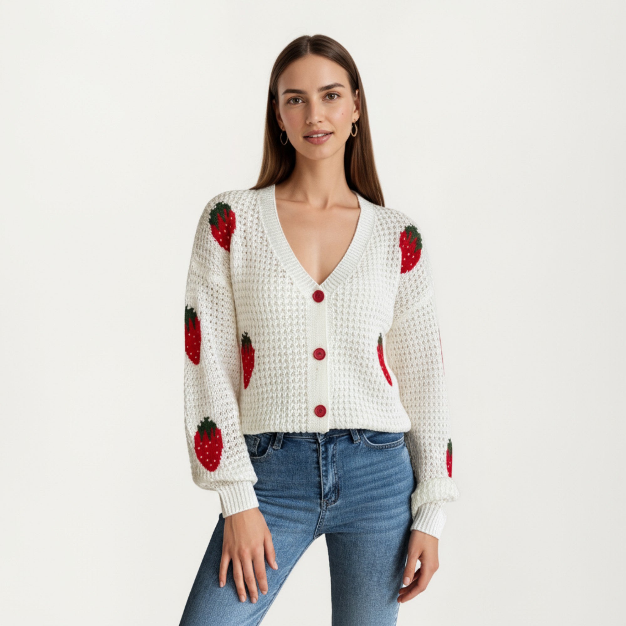 Anna-Kaci Women's Strawberry Pattern Knit Cardigan with V-Neckline and Button Front Closure