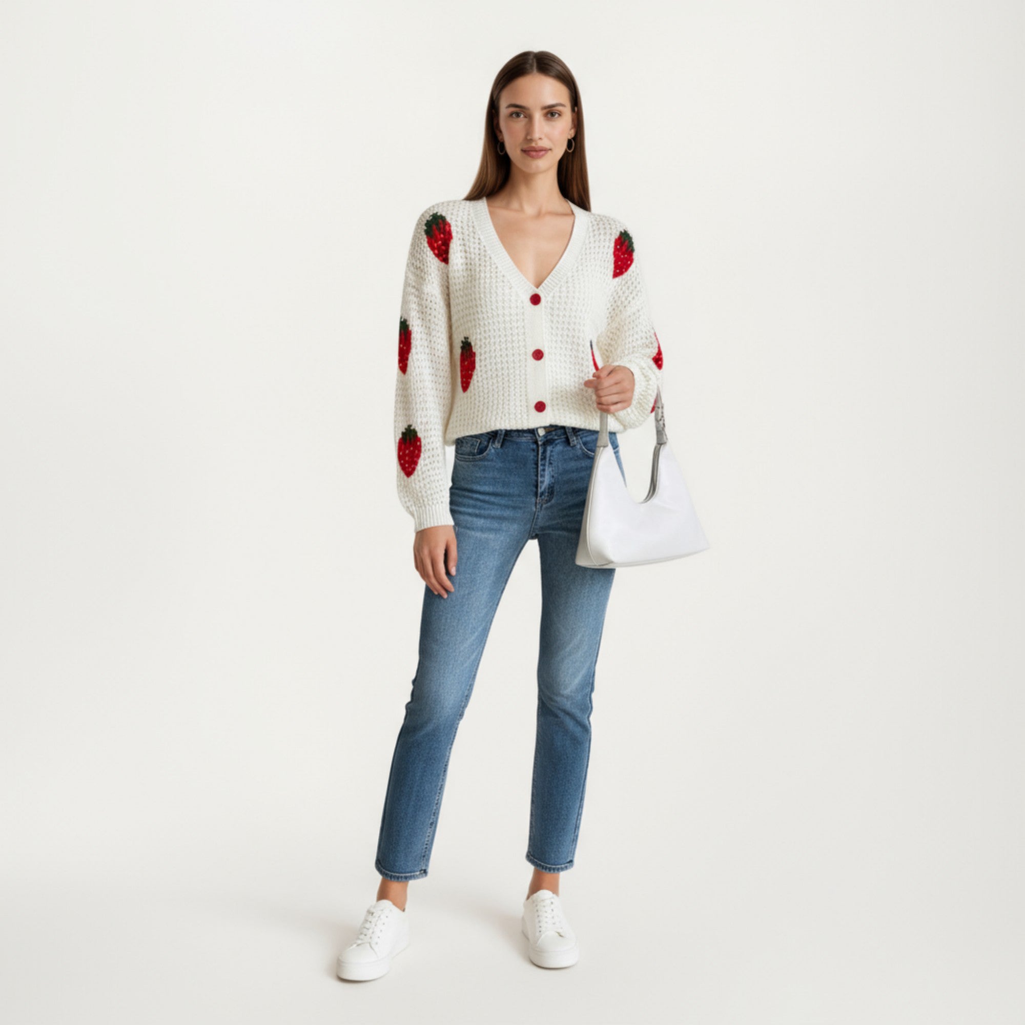 Anna-Kaci Women's Strawberry Pattern Knit Cardigan with V-Neckline and Button Front Closure