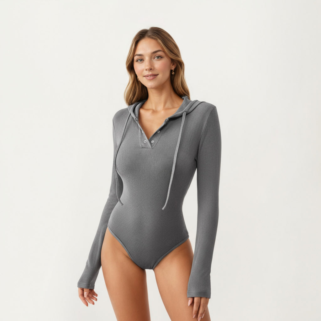 Anna-Kaci Women's Long Sleeve Ribbed Knit Bodysuit with Hoodie and Button Front Detail