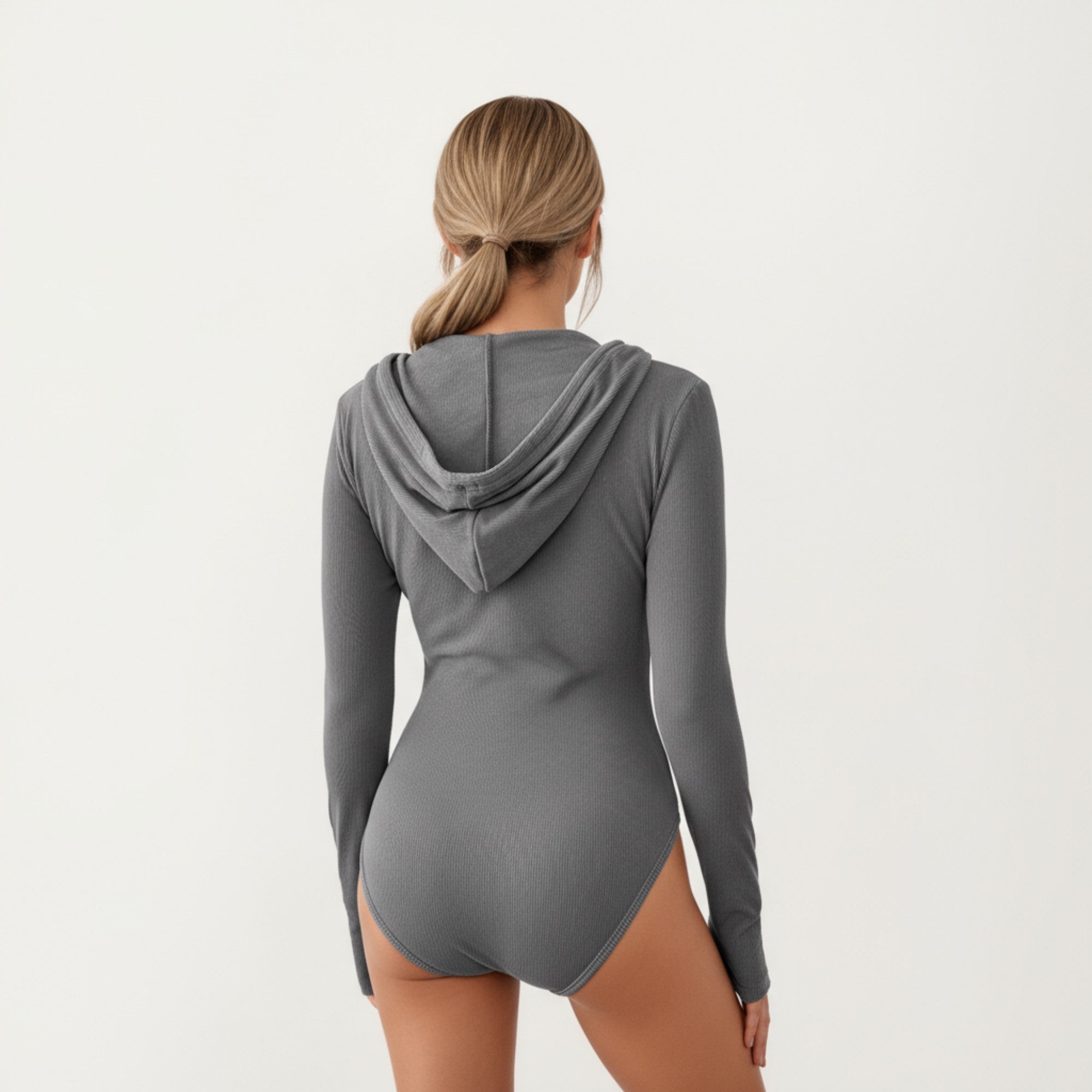 Anna-Kaci Women's Long Sleeve Ribbed Knit Bodysuit with Hoodie and Button Front Detail