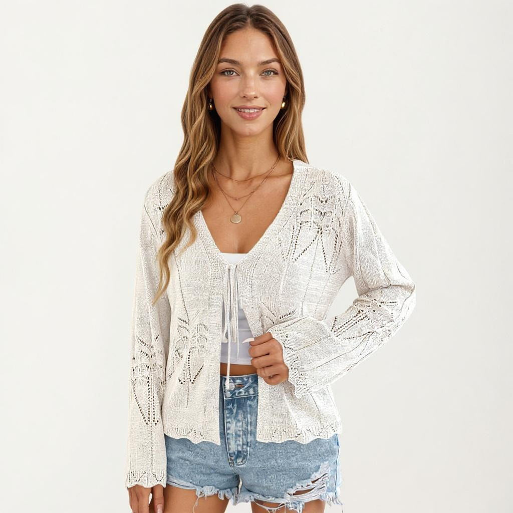 Anna-Kaci Women's Long Sleeve Knit Cardigan Top with Tie Front V Neck Pointelle Pattern Lightweight Fabric