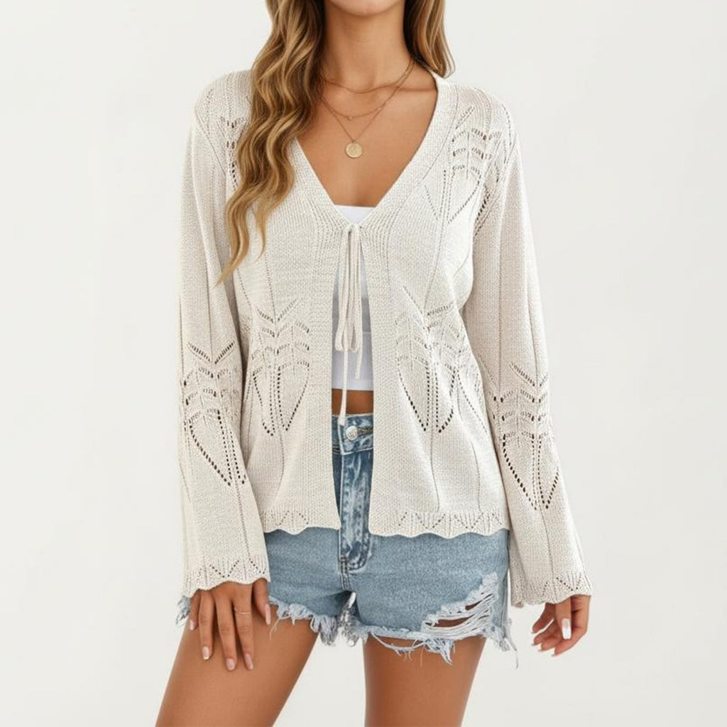 Anna-Kaci Women's Long Sleeve Knit Cardigan Top with Tie Front V Neck Pointelle Pattern Lightweight Fabric