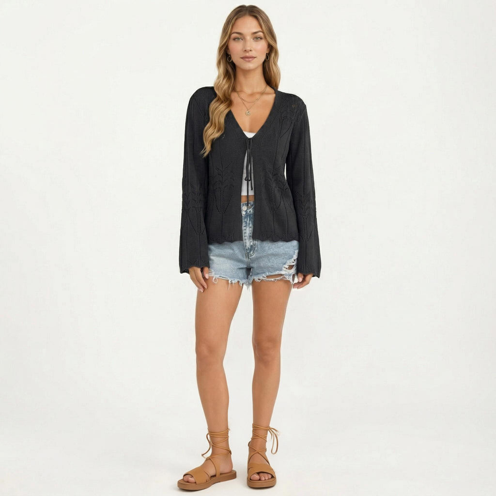 Anna-Kaci Women's Long Sleeve Knit Cardigan Top with Tie Front V Neck Pointelle Pattern Lightweight Fabric