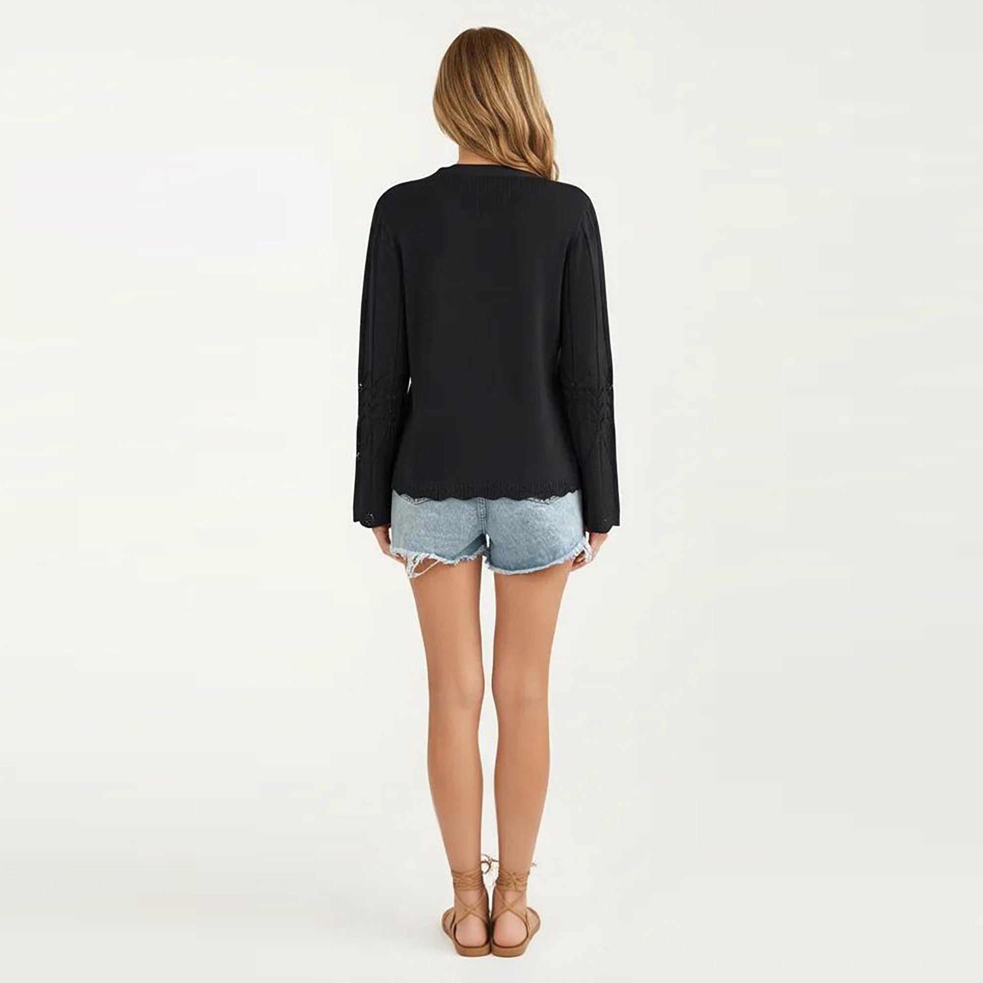 Anna-Kaci Women's Long Sleeve Knit Cardigan Top with Tie Front V Neck Pointelle Pattern Lightweight Fabric
