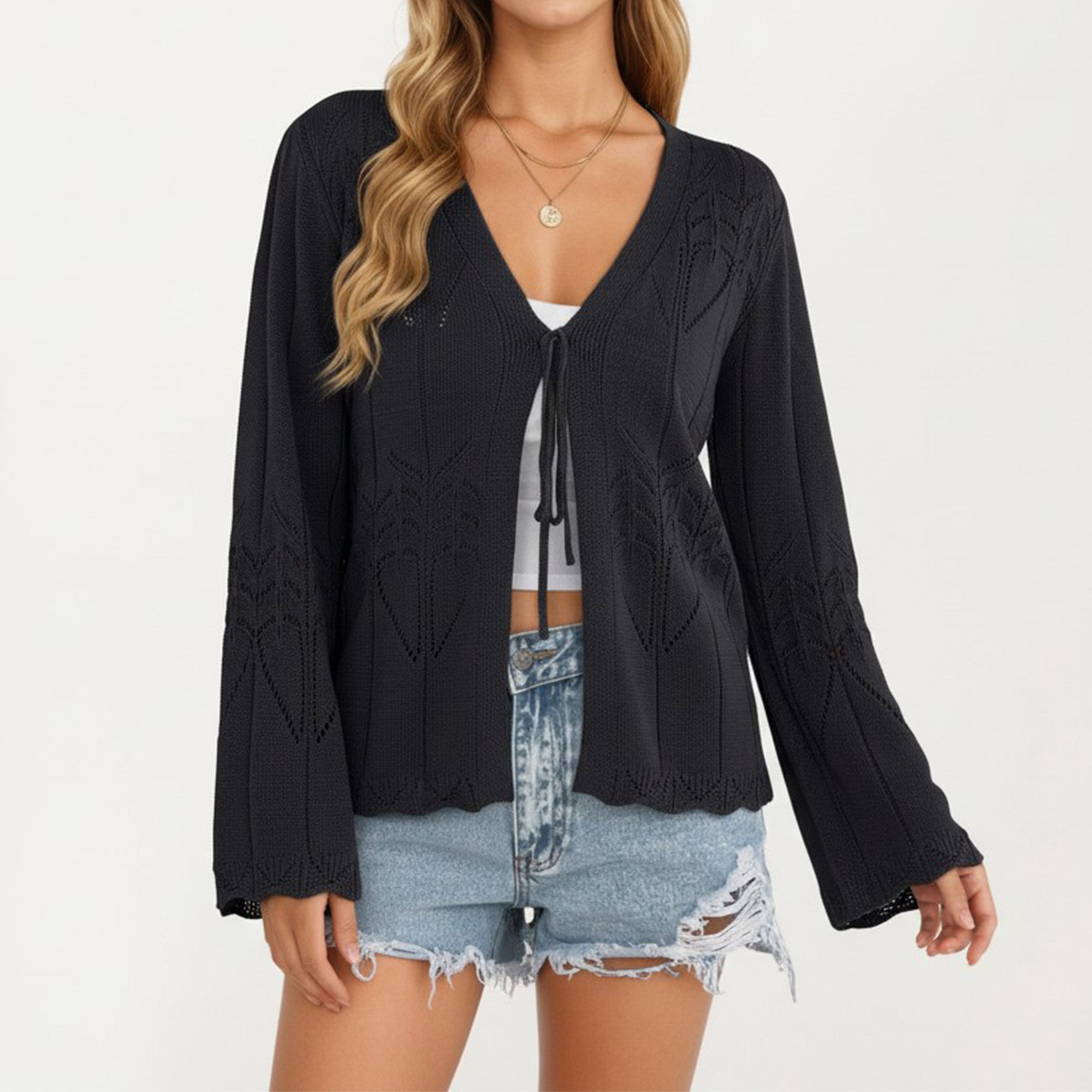Anna-Kaci Women's Long Sleeve Knit Cardigan Top with Tie Front V Neck Pointelle Pattern Lightweight Fabric