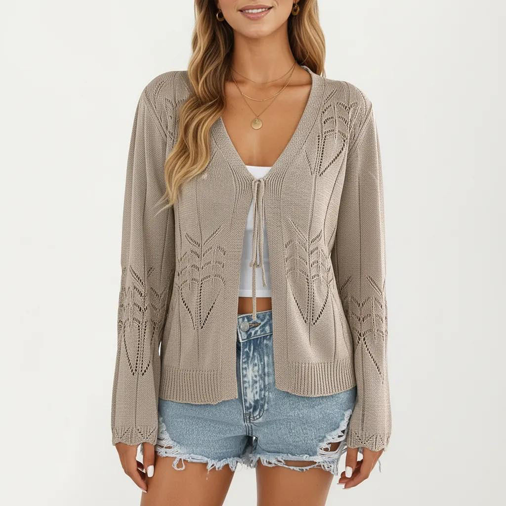 Anna-Kaci Women's Long Sleeve Knit Cardigan Top with Tie Front V Neck Pointelle Pattern Lightweight Fabric