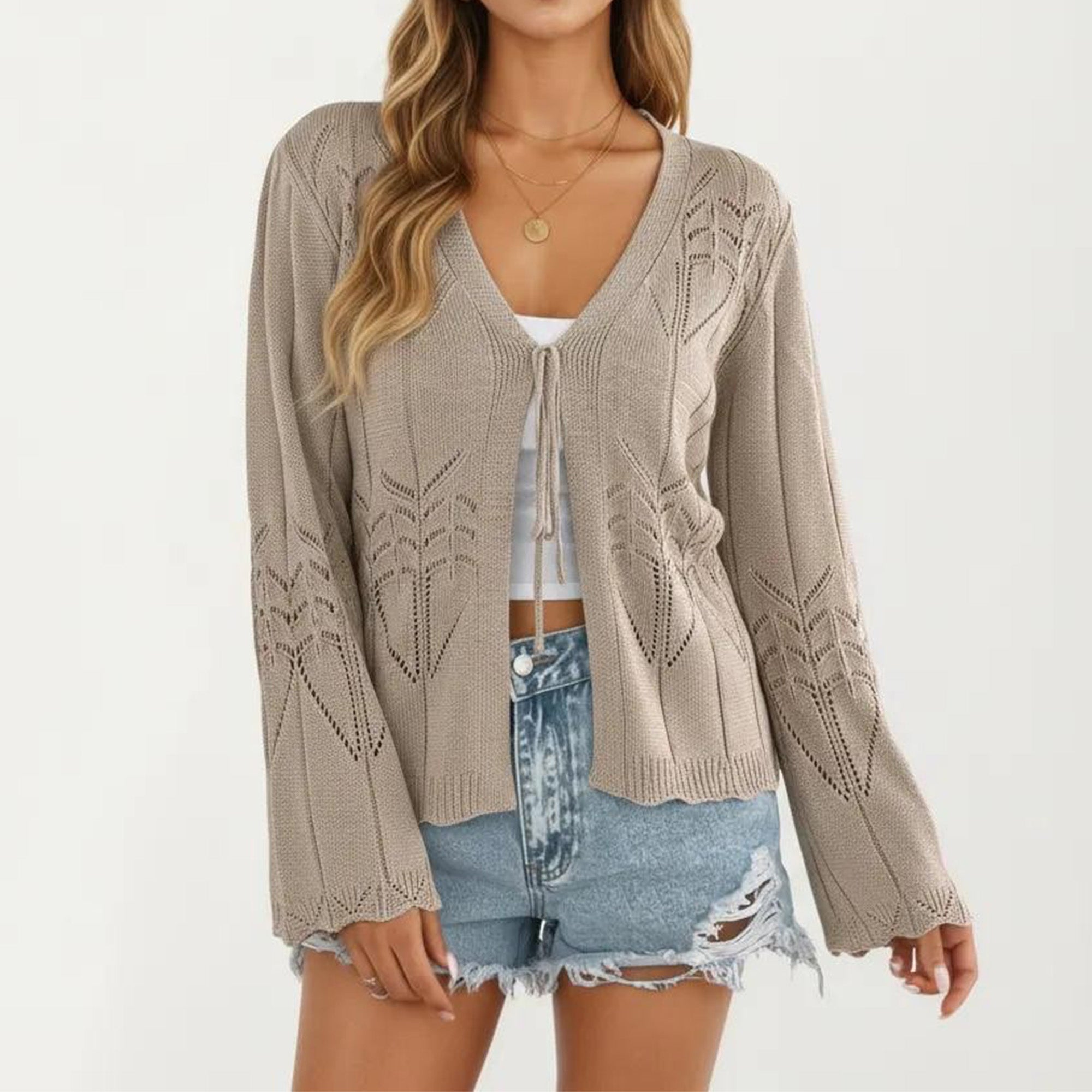 Anna-Kaci Women's Long Sleeve Knit Cardigan Top with Tie Front V Neck Pointelle Pattern Lightweight Fabric