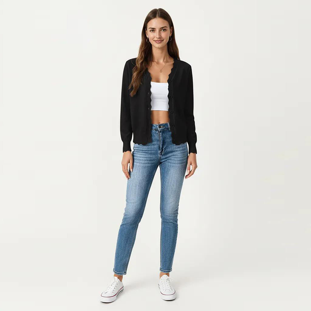Anna-Kaci Women's Long Sleeve Button Front Cardigan with Scalloped Edge Crew Neck Lightweight Knit Soft Fabric