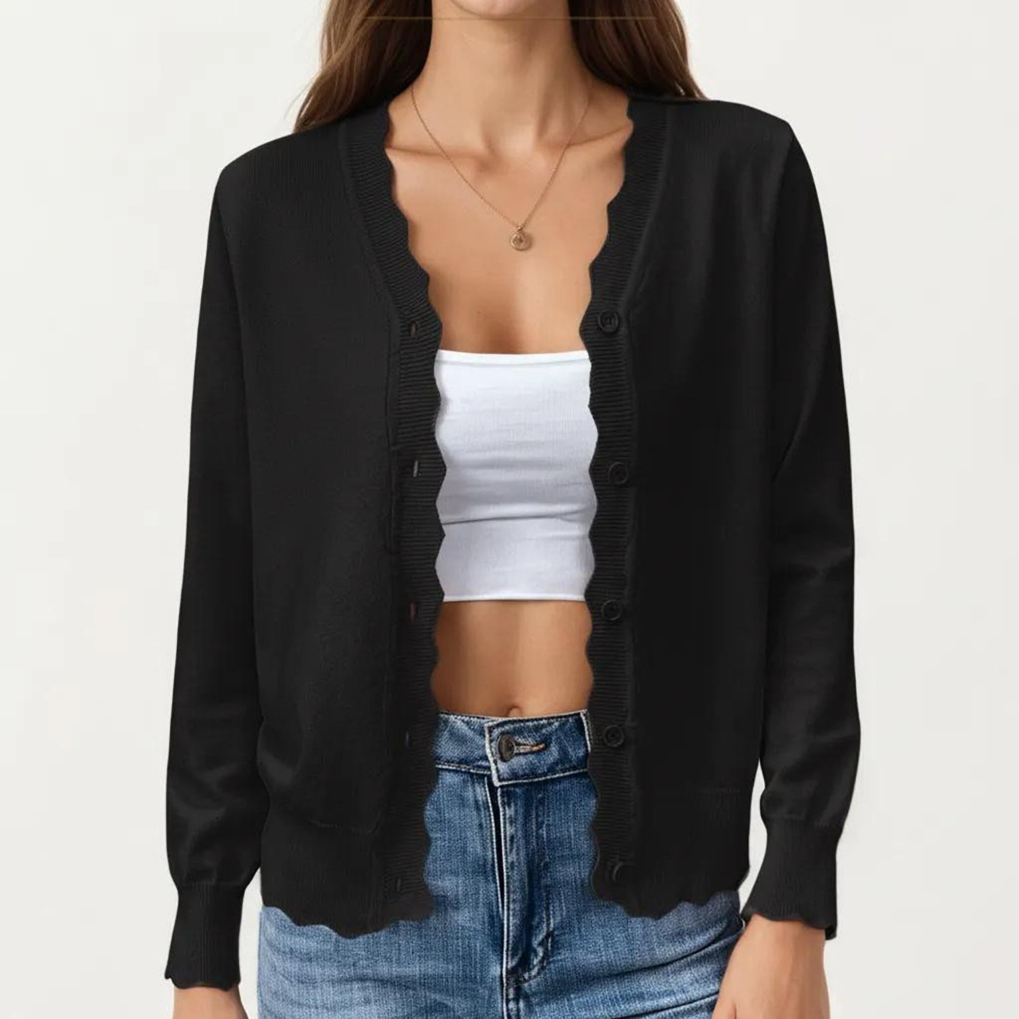 Anna-Kaci Women's Long Sleeve Button Front Cardigan with Scalloped Edge Crew Neck Lightweight Knit Soft Fabric