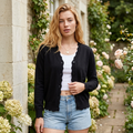 Women's Long Sleeve Button Front Cardigan with Scalloped Edge Crew Neck Lightweight Knit Soft Fabric