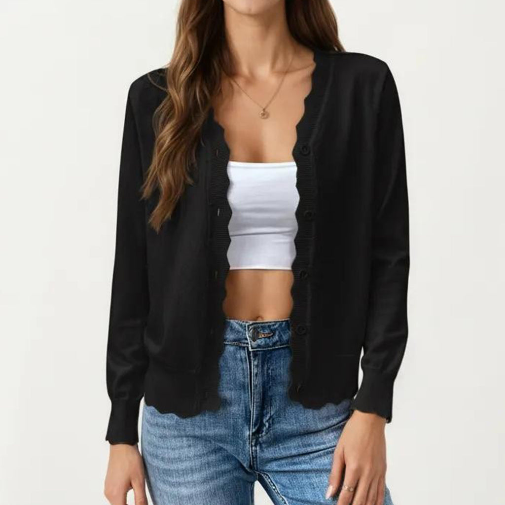Anna-Kaci Women's Long Sleeve Button Front Cardigan with Scalloped Edge Crew Neck Lightweight Knit Soft Fabric