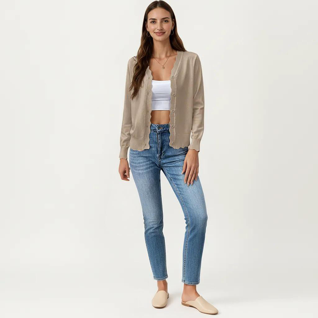 Anna-Kaci Women's Long Sleeve Button Front Cardigan with Scalloped Edge Crew Neck Lightweight Knit Soft Fabric