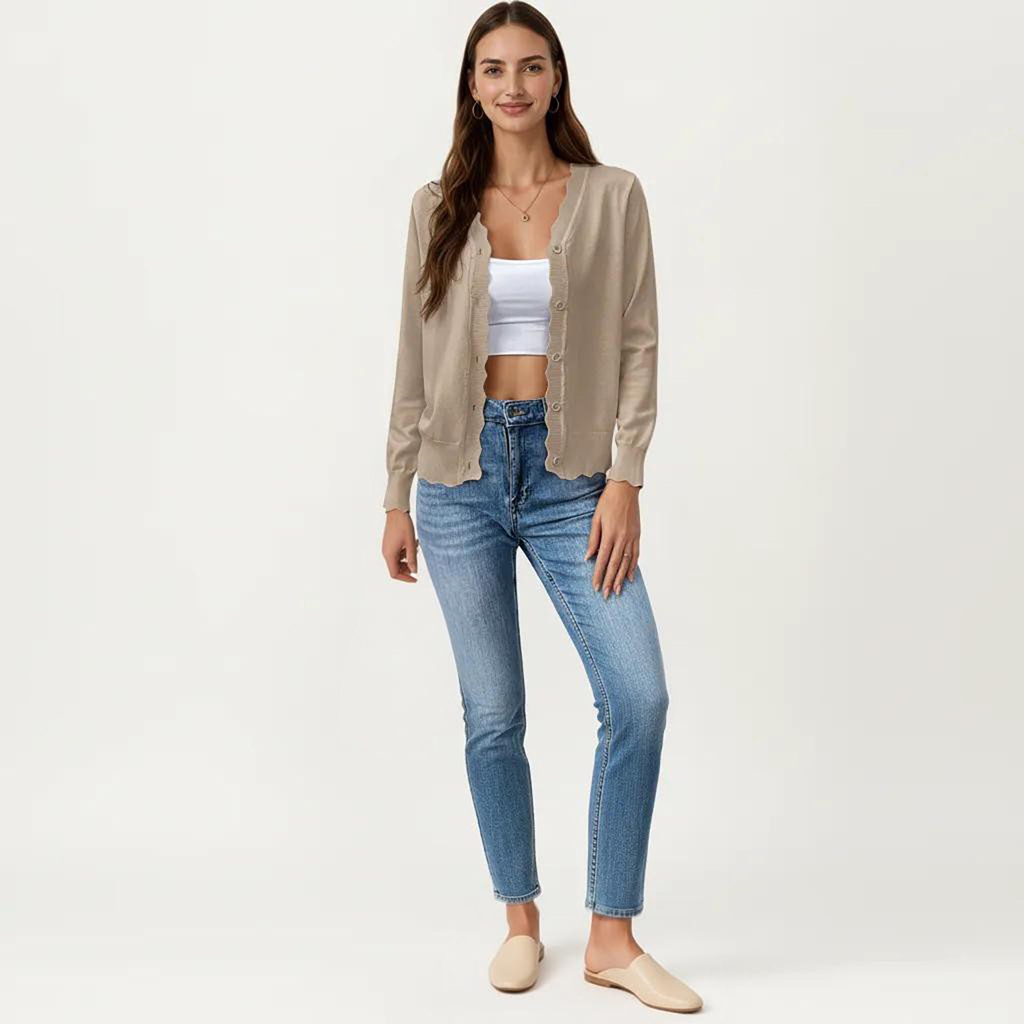 Anna-Kaci Women's Long Sleeve Button Front Cardigan with Scalloped Edge Crew Neck Lightweight Knit Soft Fabric