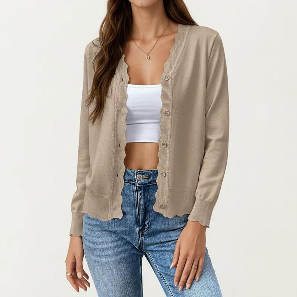 Anna-Kaci Women's Long Sleeve Button Front Cardigan with Scalloped Edge Crew Neck Lightweight Knit Soft Fabric