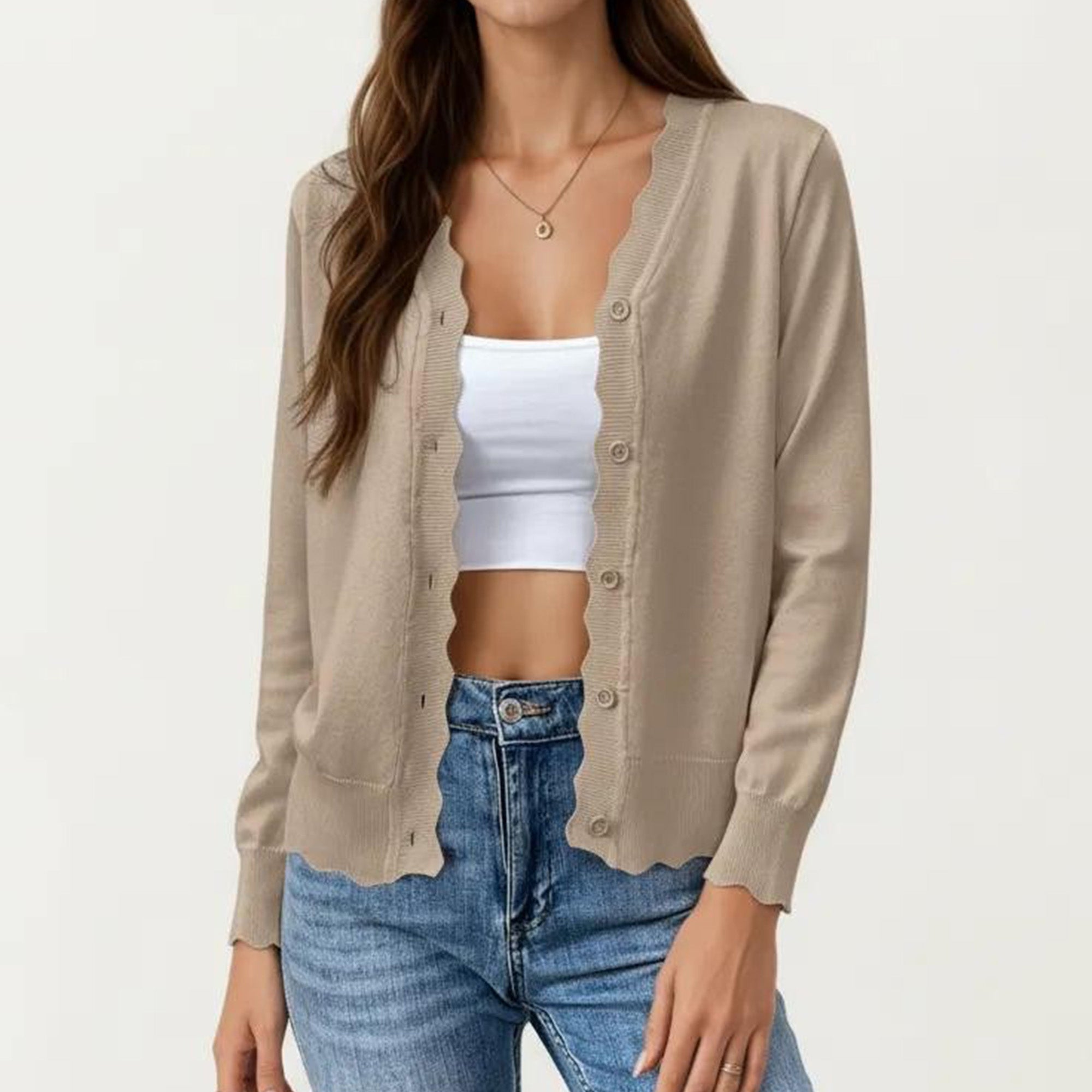 Anna-Kaci Women's Long Sleeve Button Front Cardigan with Scalloped Edge Crew Neck Lightweight Knit Soft Fabric