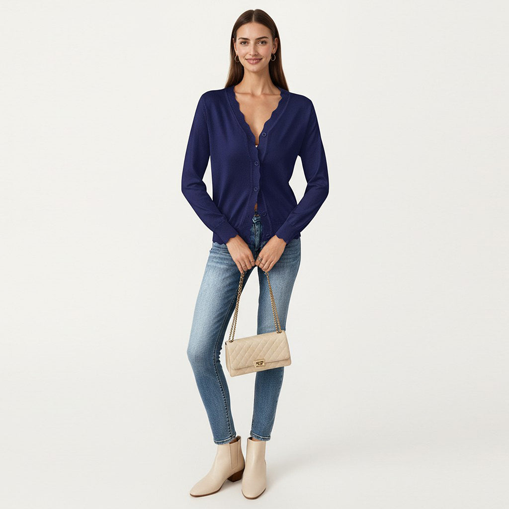 Anna-Kaci Women's Long Sleeve Button Front Cardigan with Scalloped Edge Crew Neck Lightweight Knit Soft Fabric