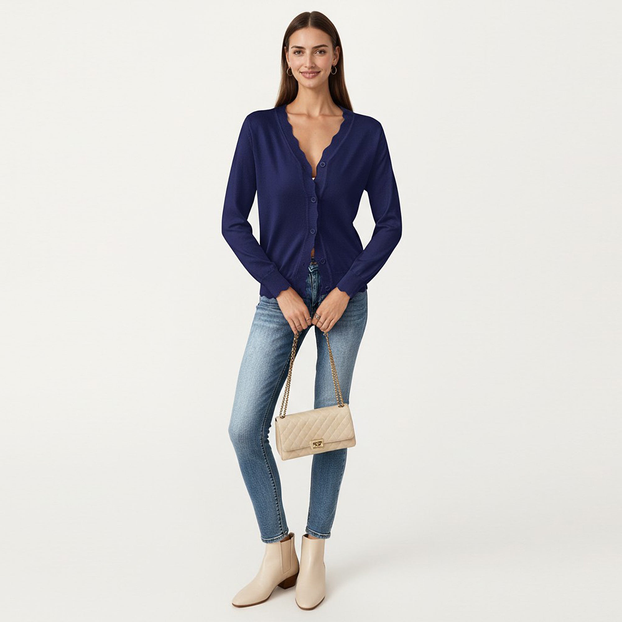 Anna-Kaci Women's Long Sleeve Button Front Cardigan with Scalloped Edge Crew Neck Lightweight Knit Soft Fabric