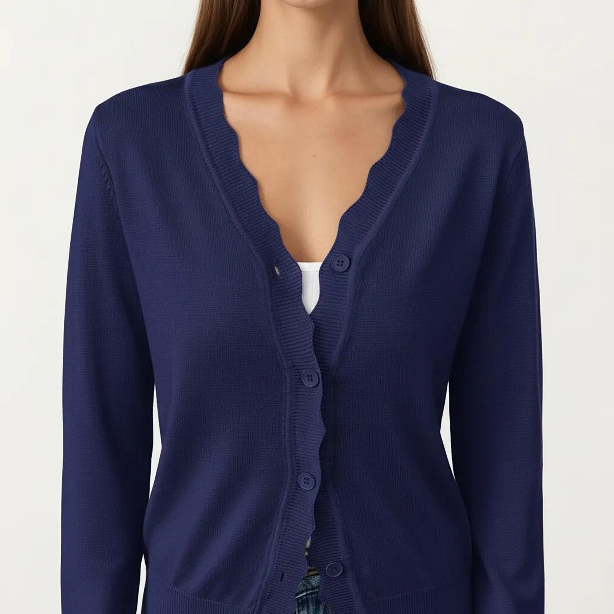Anna-Kaci Women's Long Sleeve Button Front Cardigan with Scalloped Edge Crew Neck Lightweight Knit Soft Fabric