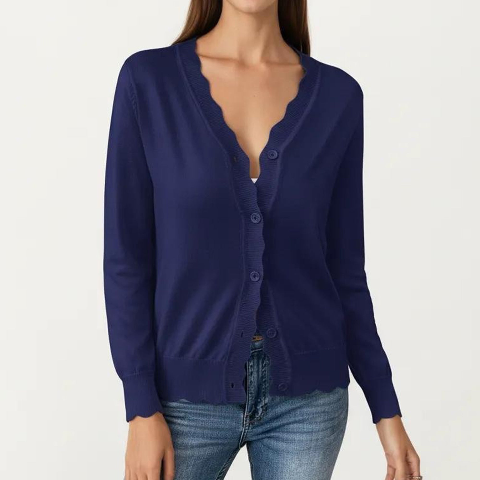 Anna-Kaci Women's Long Sleeve Button Front Cardigan with Scalloped Edge Crew Neck Lightweight Knit Soft Fabric