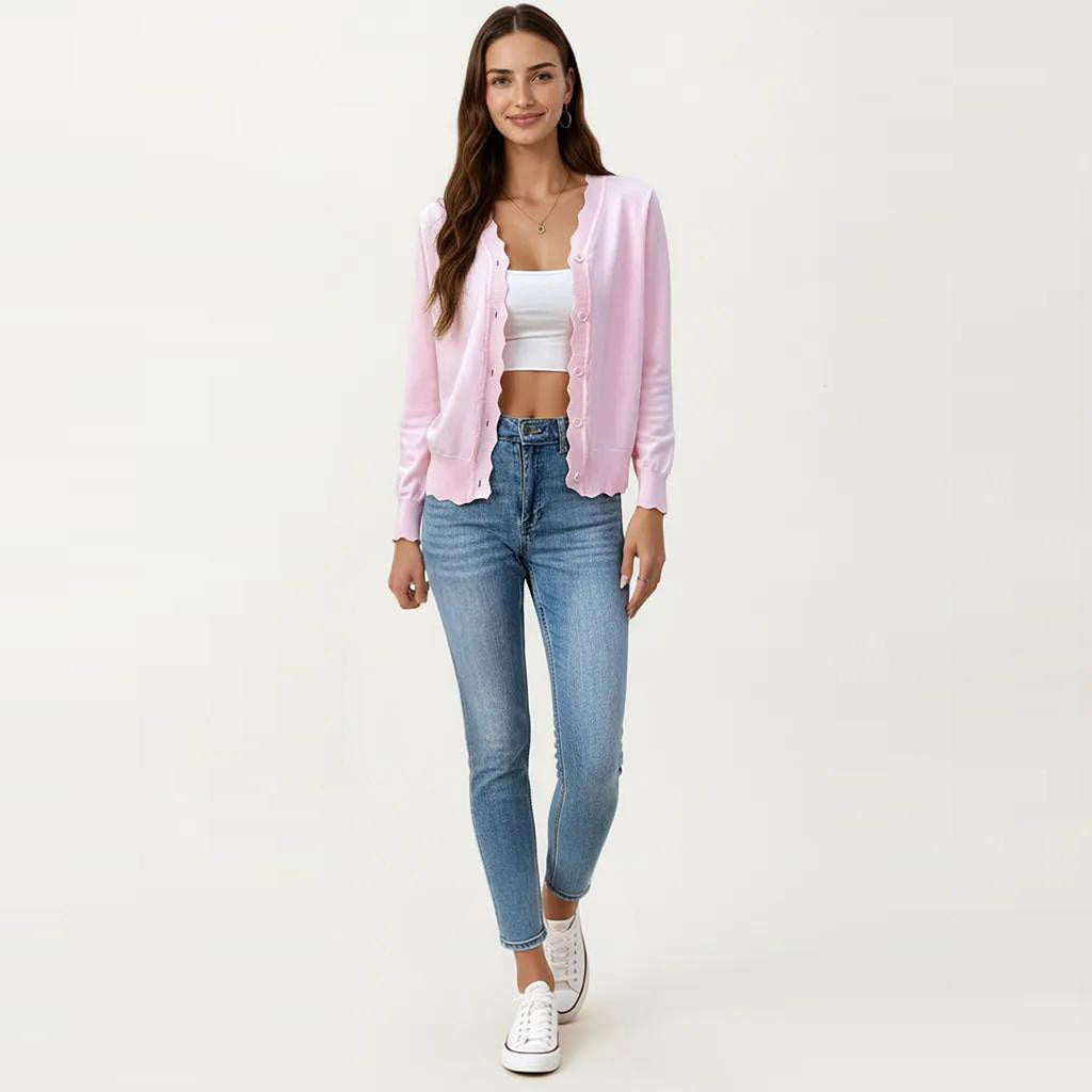 Anna-Kaci Women's Long Sleeve Button Front Cardigan with Scalloped Edge Crew Neck Lightweight Knit Soft Fabric