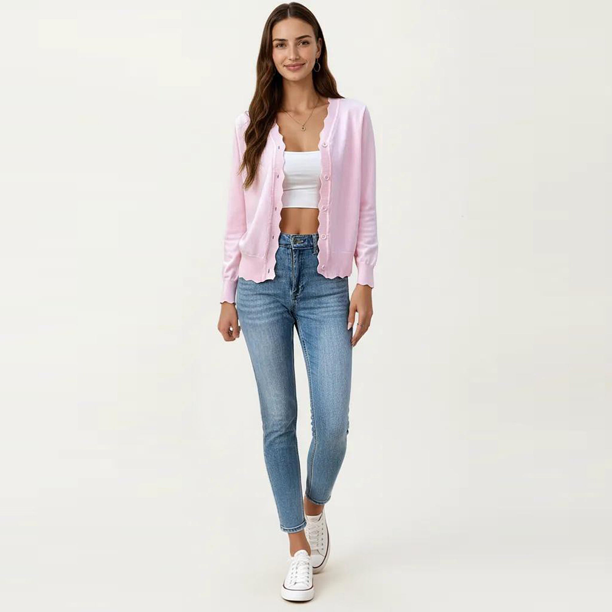 Anna-Kaci Women's Long Sleeve Button Front Cardigan with Scalloped Edge Crew Neck Lightweight Knit Soft Fabric