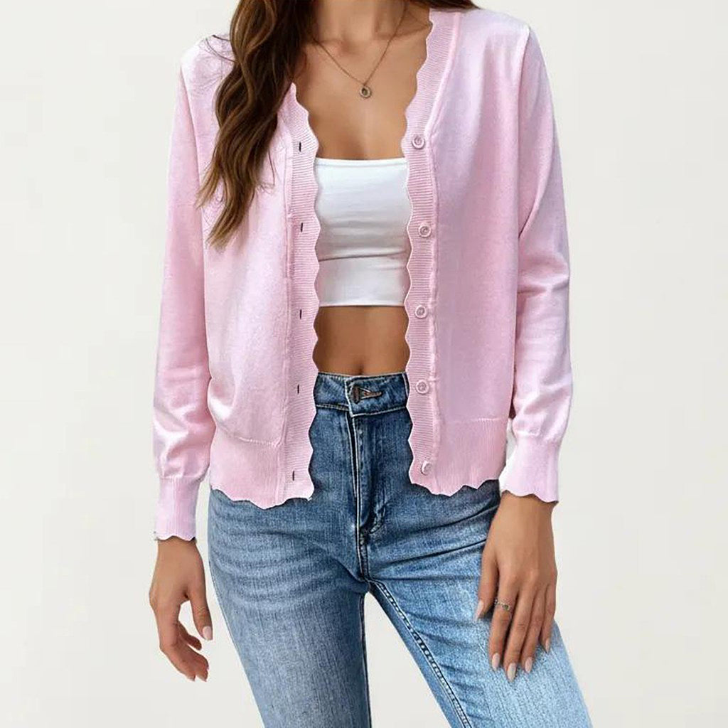 Anna-Kaci Women's Long Sleeve Button Front Cardigan with Scalloped Edge Crew Neck Lightweight Knit Soft Fabric