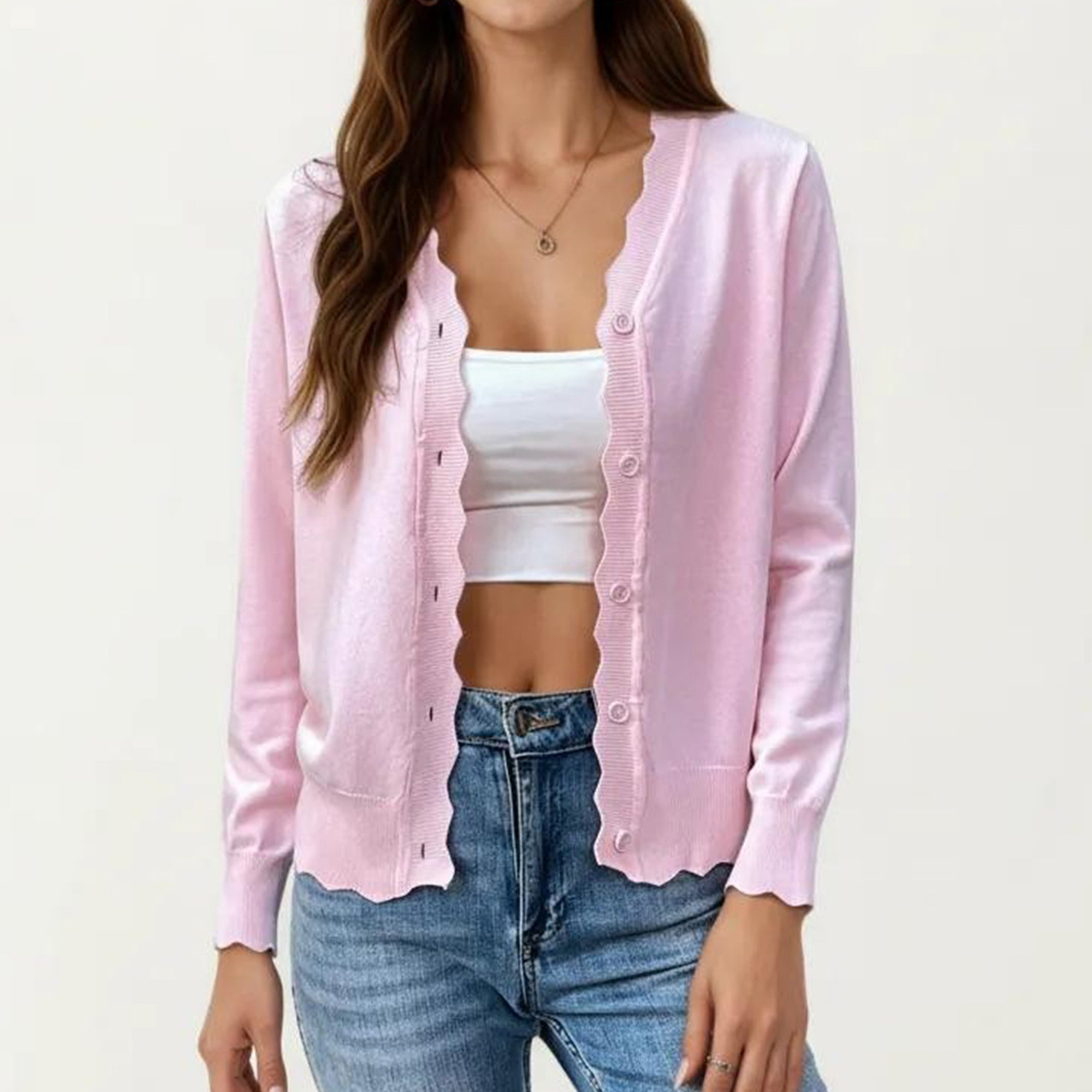 Anna-Kaci Women's Long Sleeve Button Front Cardigan with Scalloped Edge Crew Neck Lightweight Knit Soft Fabric