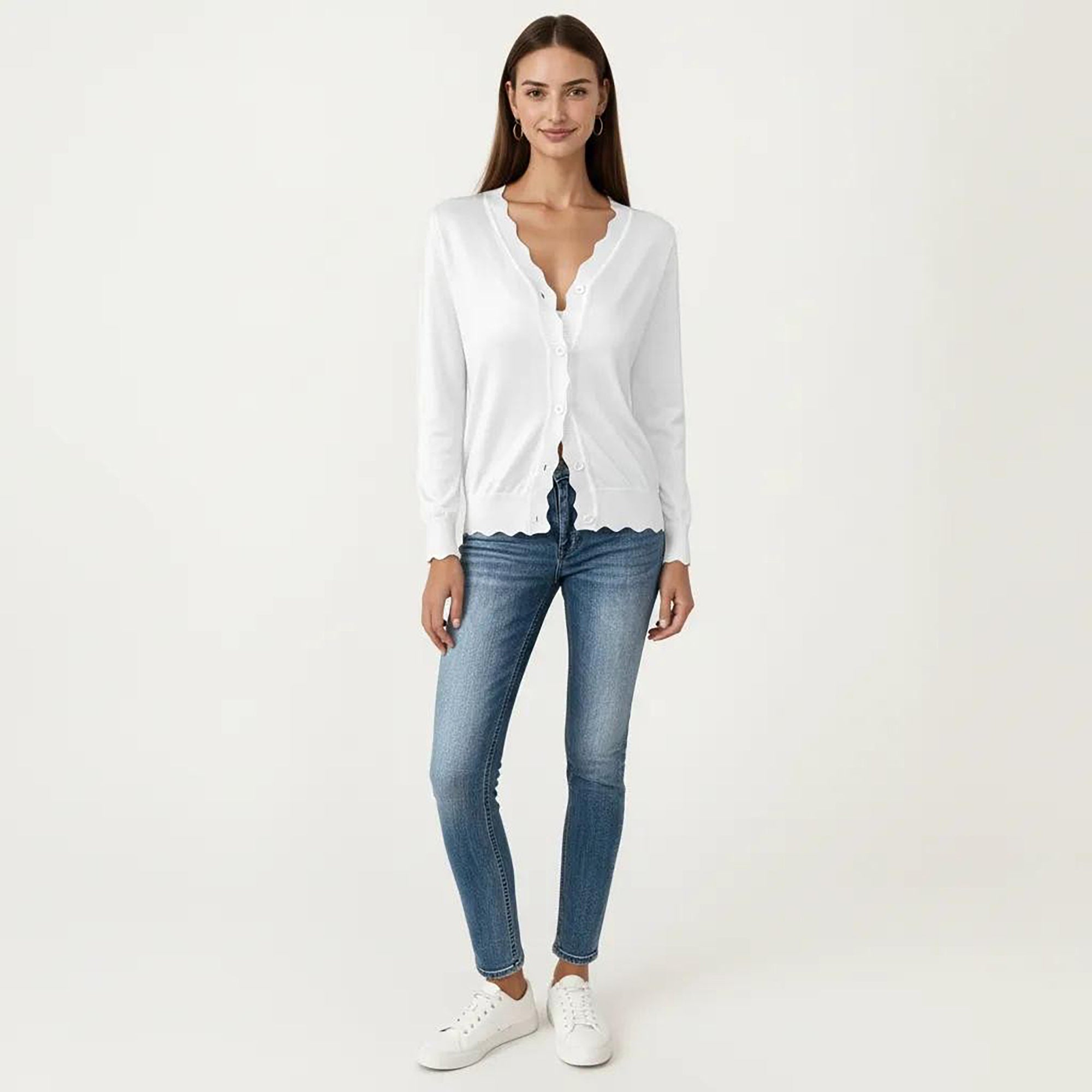 Anna-Kaci Women's Long Sleeve Button Front Cardigan with Scalloped Edge Crew Neck Lightweight Knit Soft Fabric