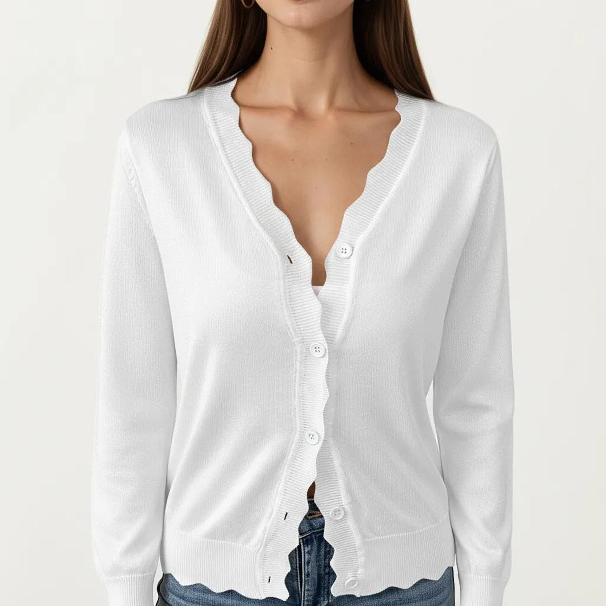Anna-Kaci Women's Long Sleeve Button Front Cardigan with Scalloped Edge Crew Neck Lightweight Knit Soft Fabric