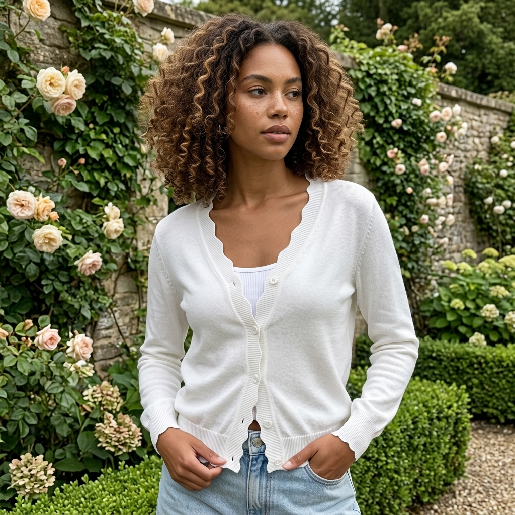 Women's Long Sleeve Button Front Cardigan with Scalloped Edge Crew Neck Lightweight Knit Soft Fabric