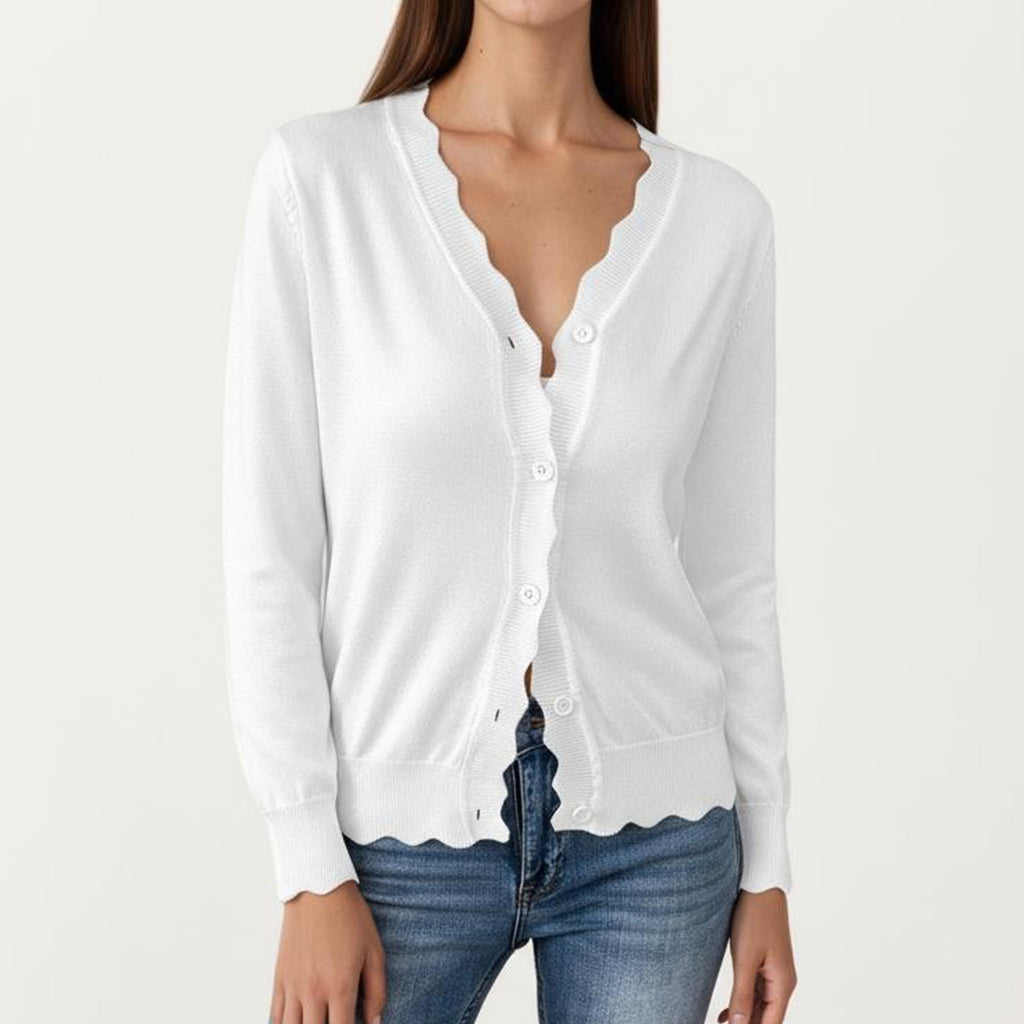 Anna-Kaci Women's Long Sleeve Button Front Cardigan with Scalloped Edge Crew Neck Lightweight Knit Soft Fabric
