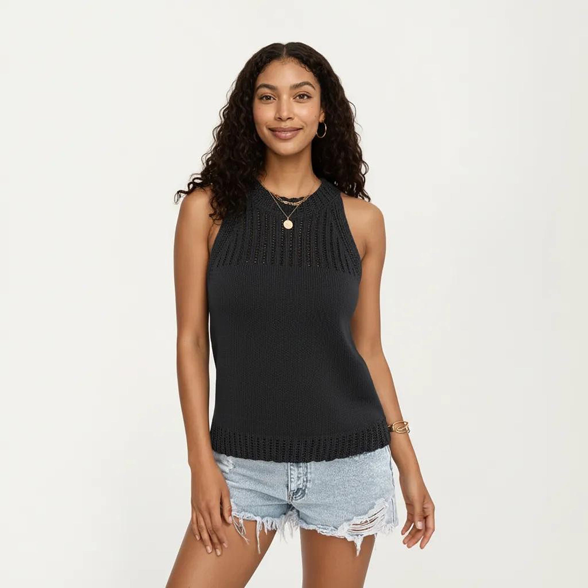 Anna-Kaci Women's Sleeveless Knit Tank Top with High Neck Ribbed Texture Open Knit Detail Lightweight Fabric
