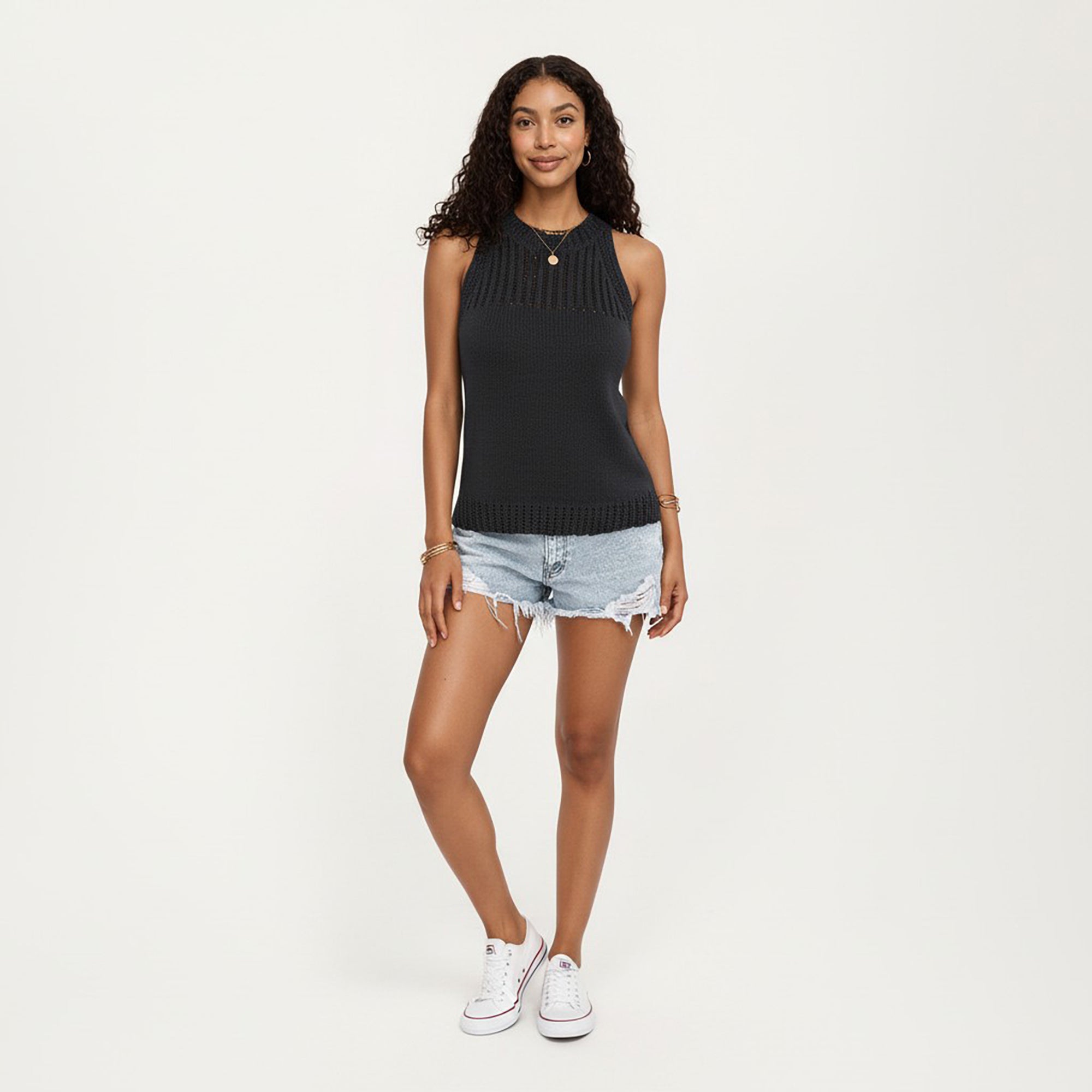 Anna-Kaci Women's Sleeveless Knit Tank Top with High Neck Ribbed Texture Open Knit Detail Lightweight Fabric