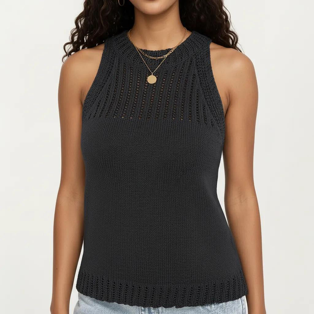 Anna-Kaci Women's Sleeveless Knit Tank Top with High Neck Ribbed Texture Open Knit Detail Lightweight Fabric