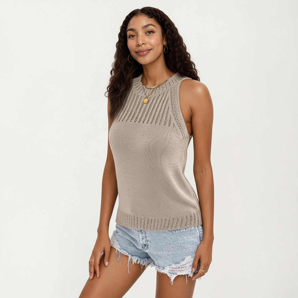 Anna-Kaci Women's Sleeveless Knit Tank Top with High Neck Ribbed Texture Open Knit Detail Lightweight Fabric