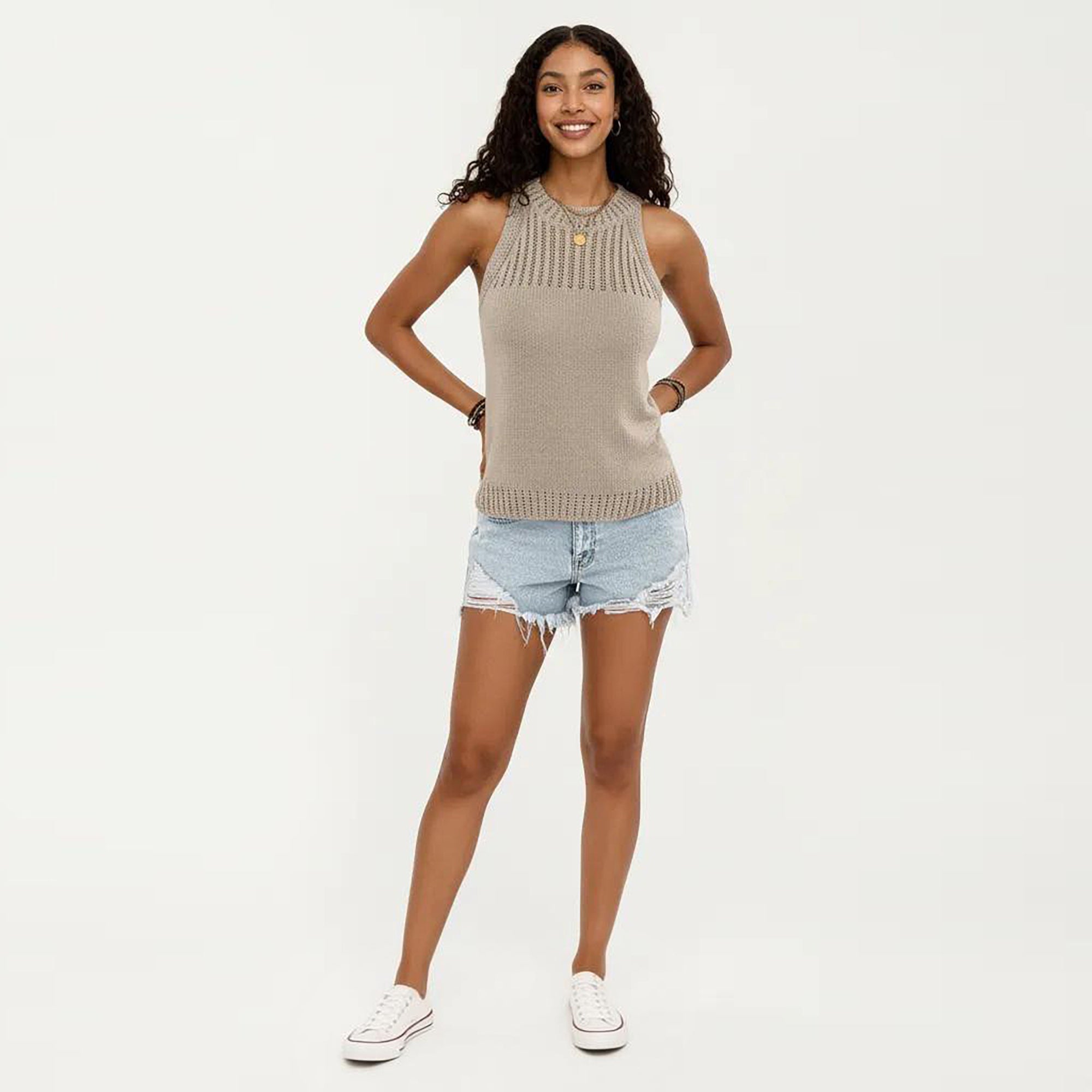 Anna-Kaci Women's Sleeveless Knit Tank Top with High Neck Ribbed Texture Open Knit Detail Lightweight Fabric