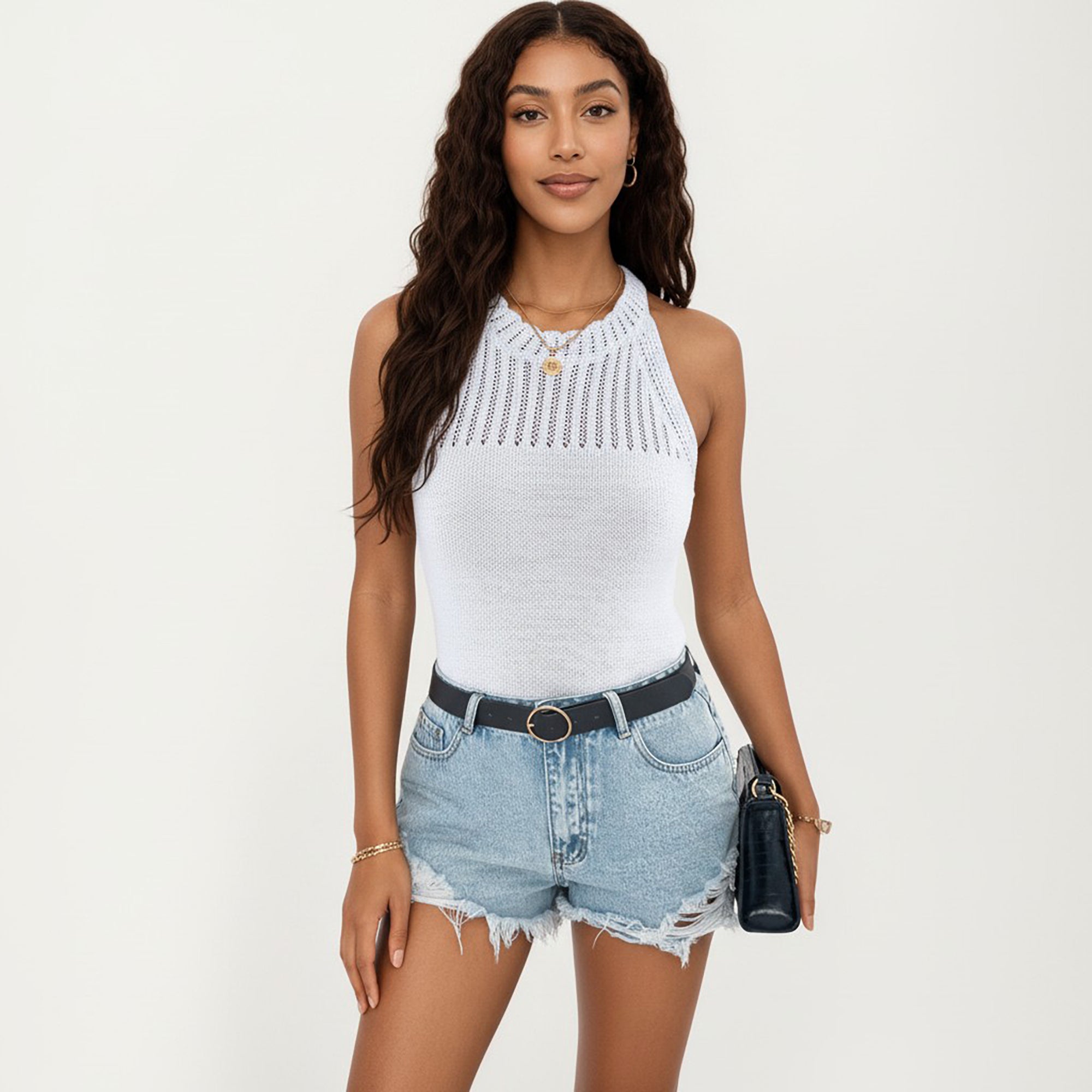 Anna-Kaci Women's Sleeveless Knit Tank Top with High Neck Ribbed Texture Open Knit Detail Lightweight Fabric