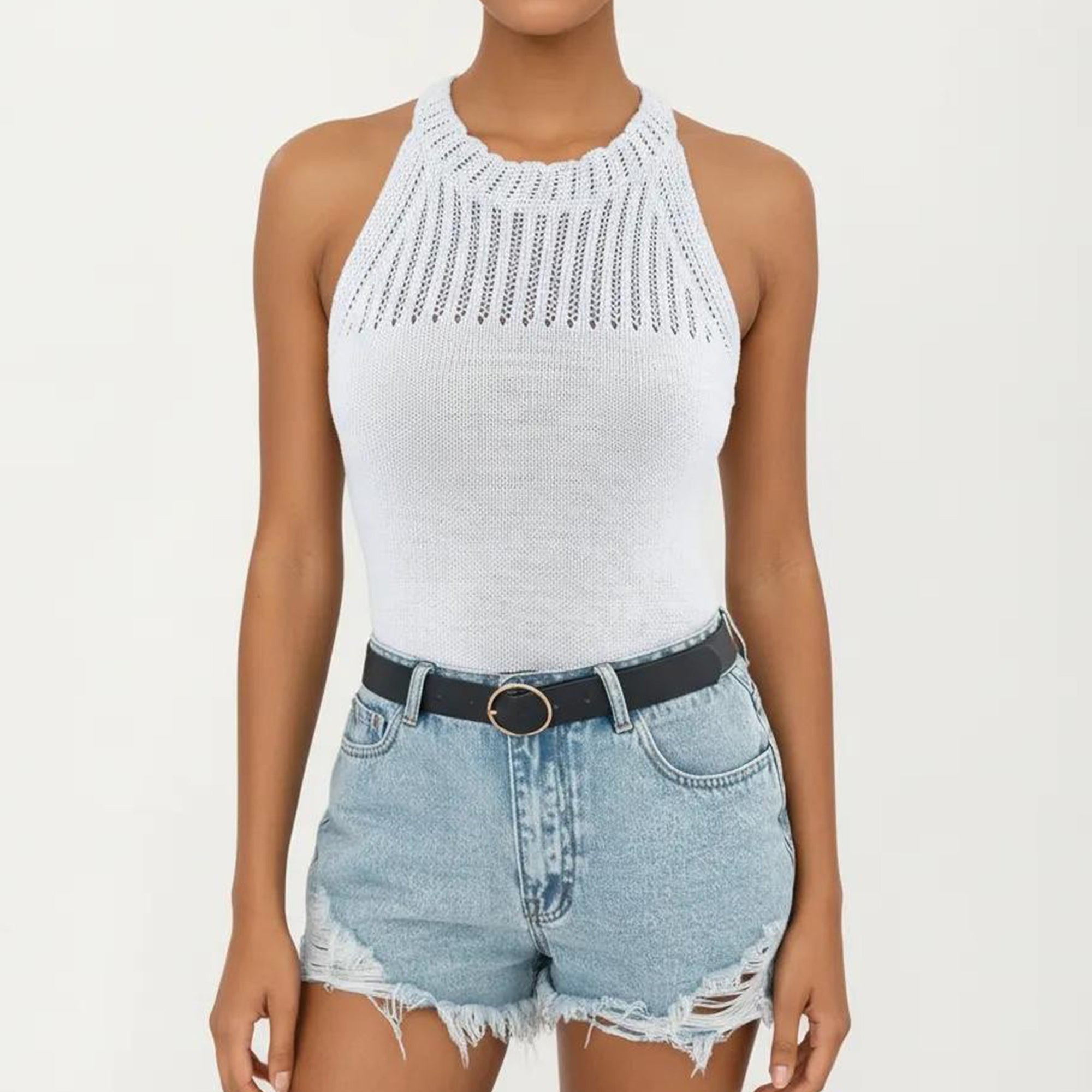 Anna-Kaci Women's Sleeveless Knit Tank Top with High Neck Ribbed Texture Open Knit Detail Lightweight Fabric
