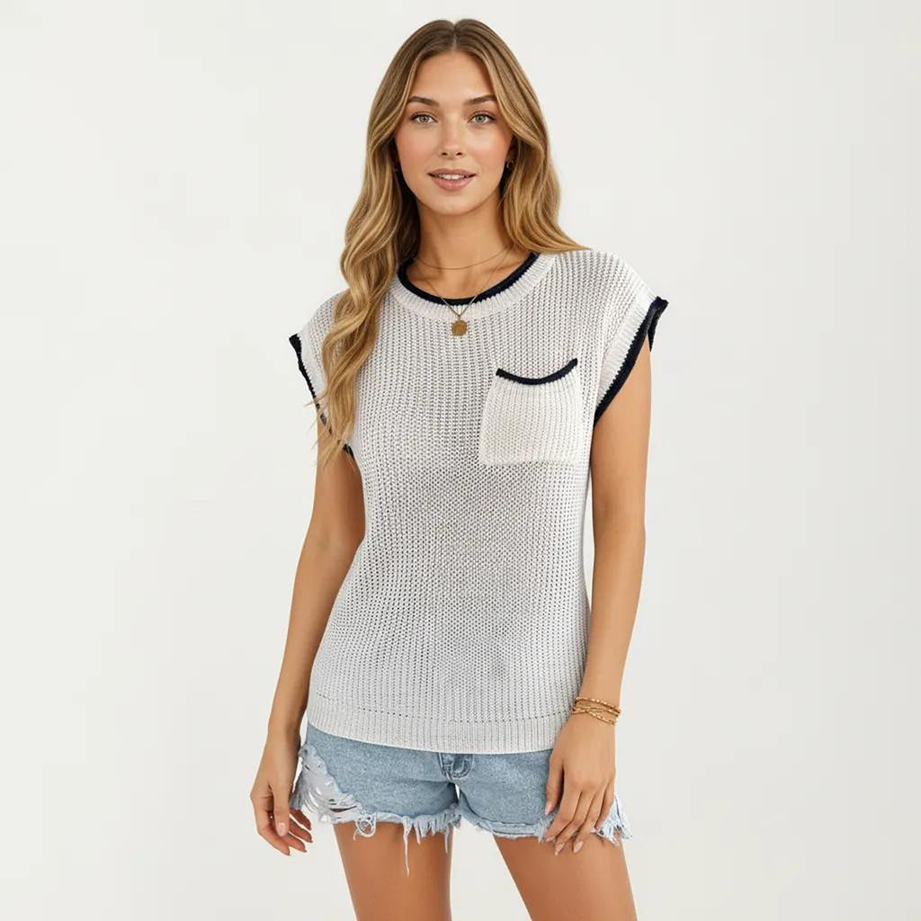 Anna-Kaci Women's Short Sleeve Knit Top with Contrast Trim Crew Neck Textured Sweater Vest Style Chest Pocket