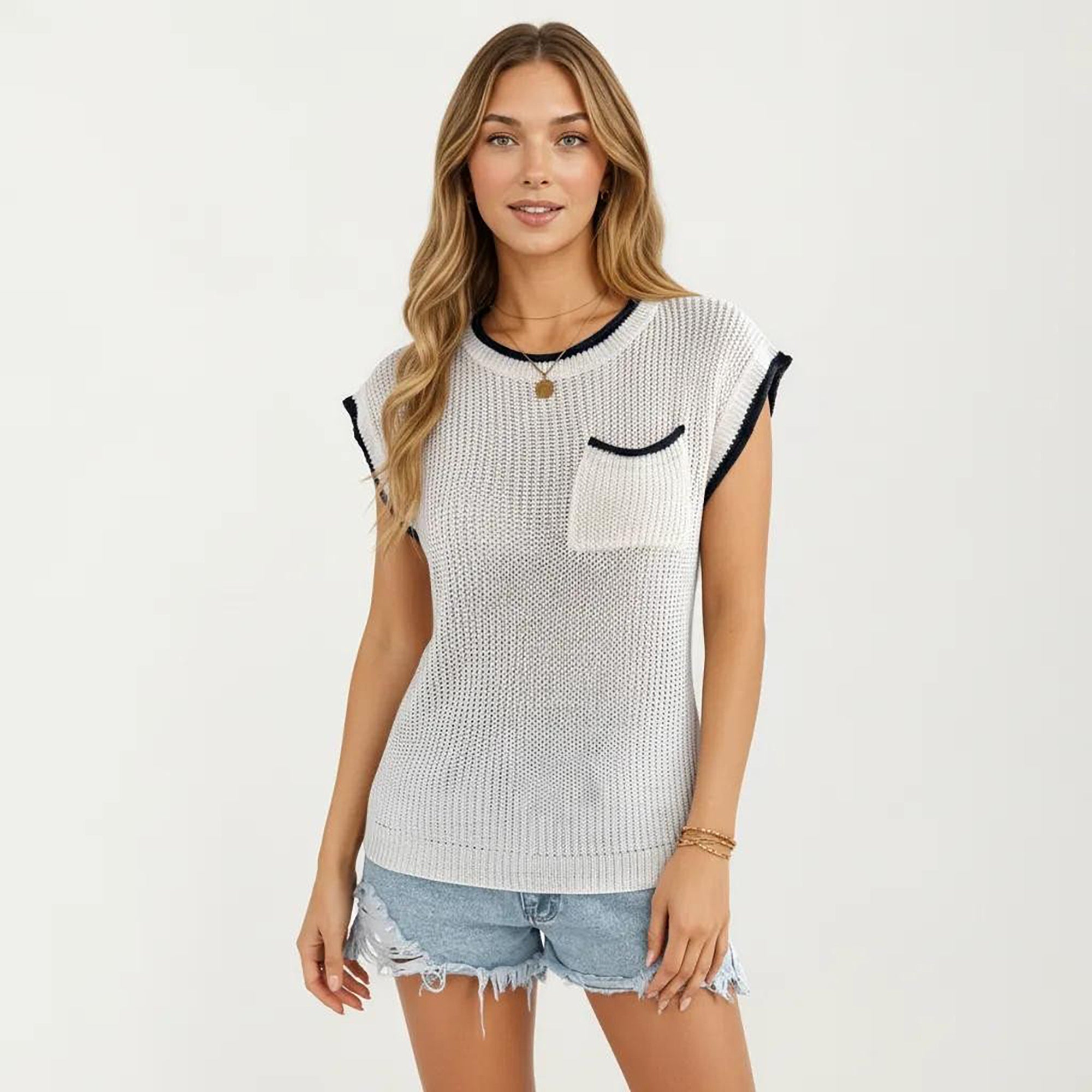 Anna-Kaci Women's Short Sleeve Knit Top with Contrast Trim Crew Neck Textured Sweater Vest Style Chest Pocket