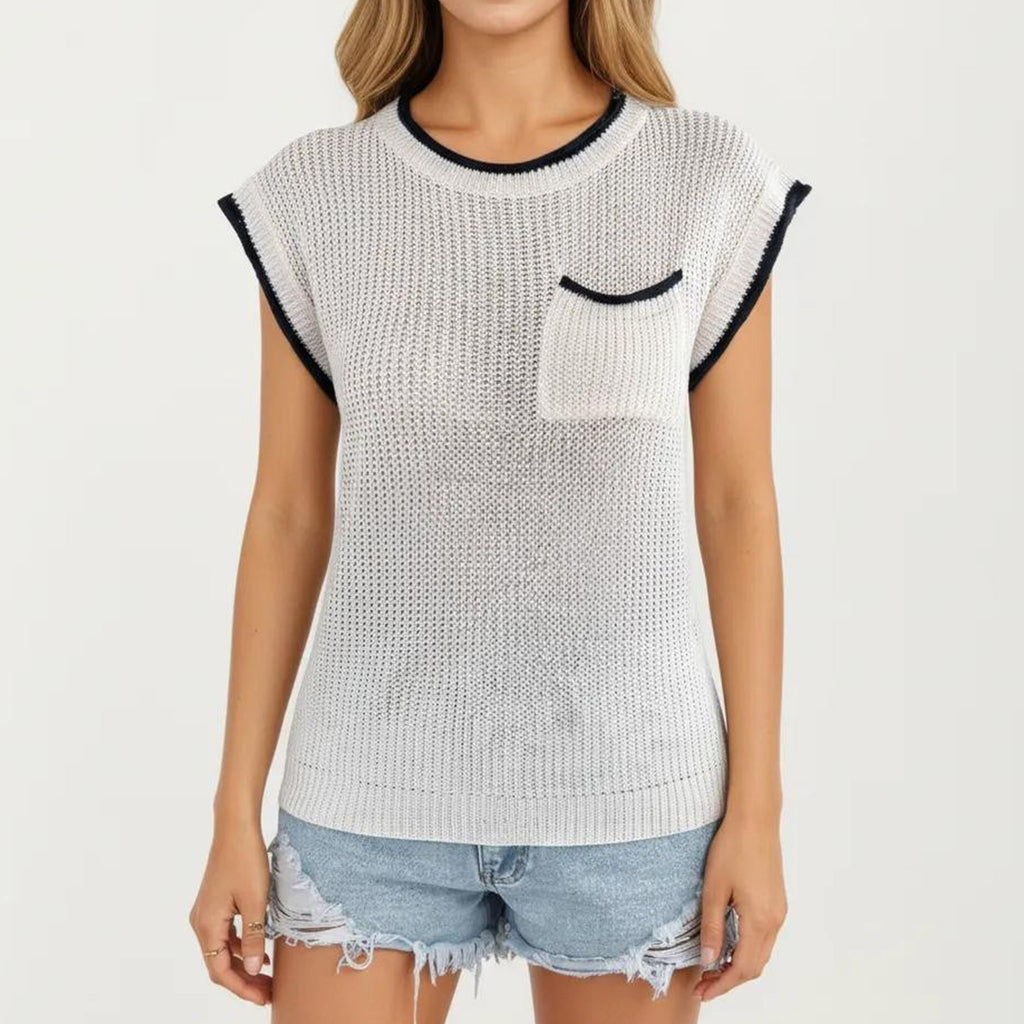 Anna-Kaci Women's Short Sleeve Knit Top with Contrast Trim Crew Neck Textured Sweater Vest Style Chest Pocket