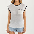 Anna-Kaci Women's Short Sleeve Knit Top with Contrast Trim Crew Neck Textured Sweater Vest Style Chest Pocket