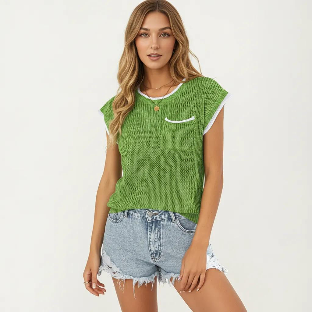 Anna-Kaci Women's Short Sleeve Knit Top with Contrast Trim Crew Neck Textured Sweater Vest Style Chest Pocket