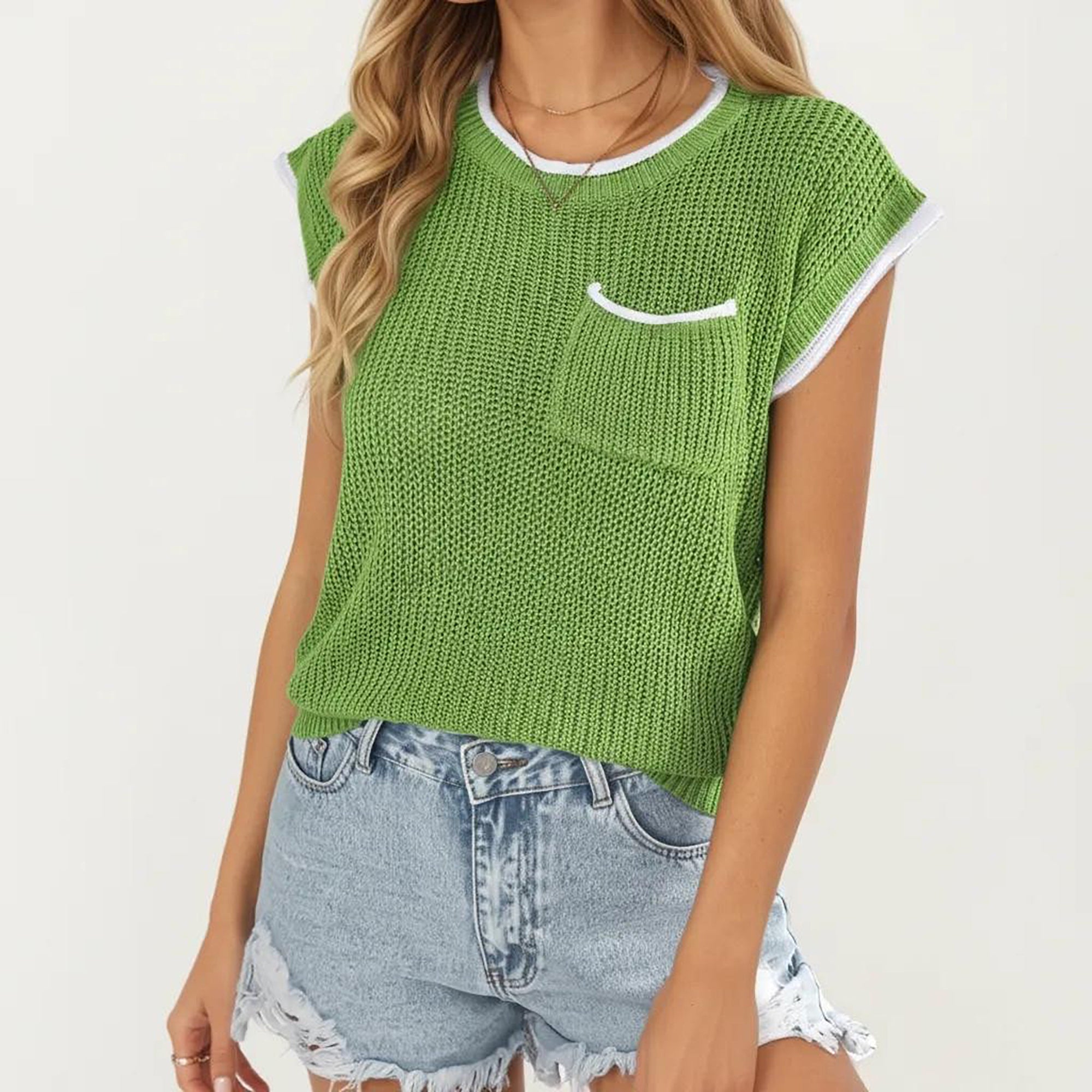 Anna-Kaci Women's Short Sleeve Knit Top with Contrast Trim Crew Neck Textured Sweater Vest Style Chest Pocket